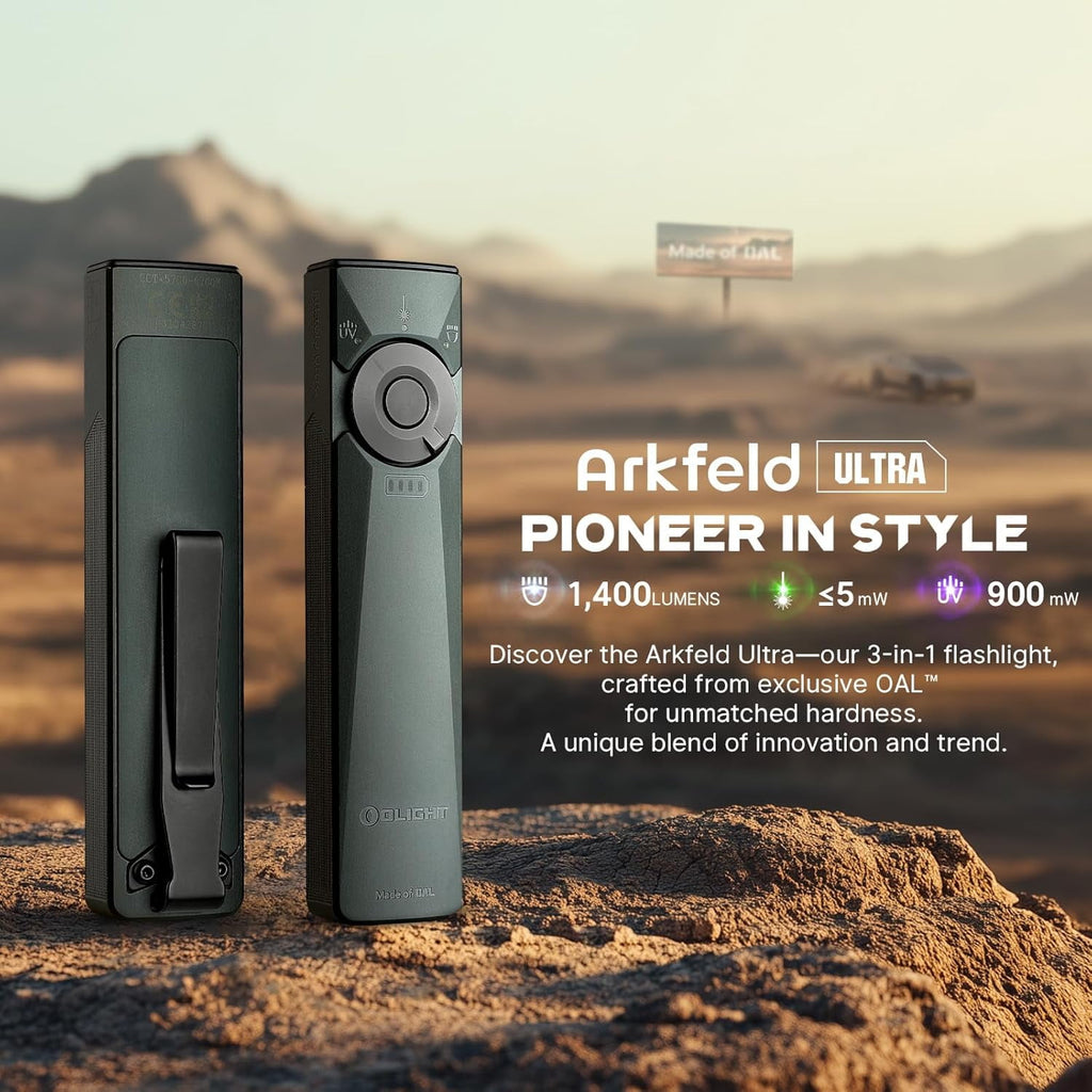 Arkfeld Ultra 1400 Lumens EDC Flat Flashlight, Rechargeable Compact Pocket Flash Light Combines White LED, UV and Green Beam, Triple Sources Perfect for Checking, Working (Olive-Green)