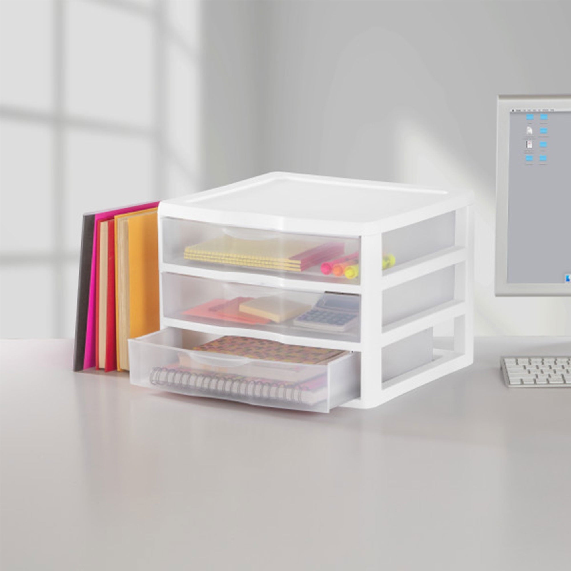 Wide 3 Drawer Unit, Clear Plastic Countertop or Desktop Drawers, White