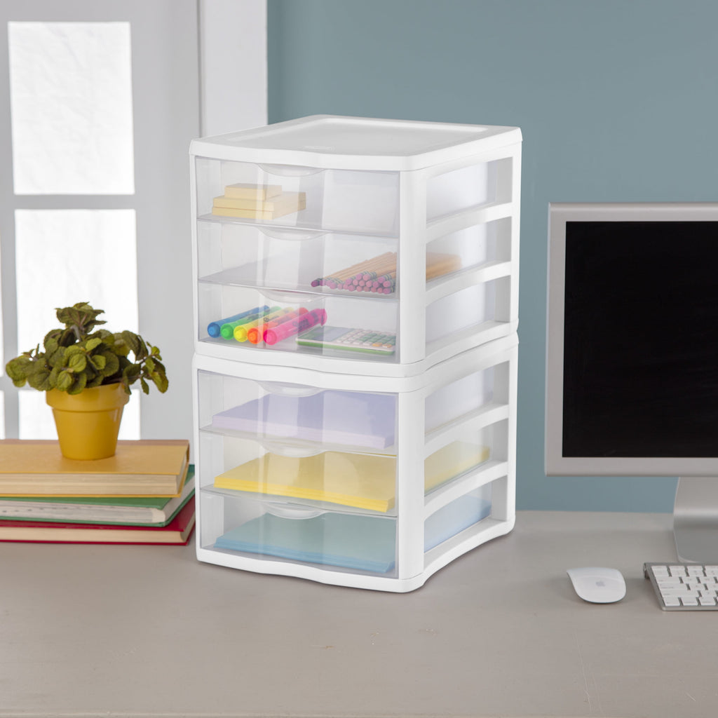 3 Drawer Unit, Clear Plastic Countertop or Desktop Storage Drawers, White