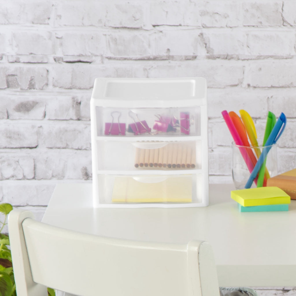 , 3 Drawer Clear Storage Bin, Desktop Drawer Storage Container, White