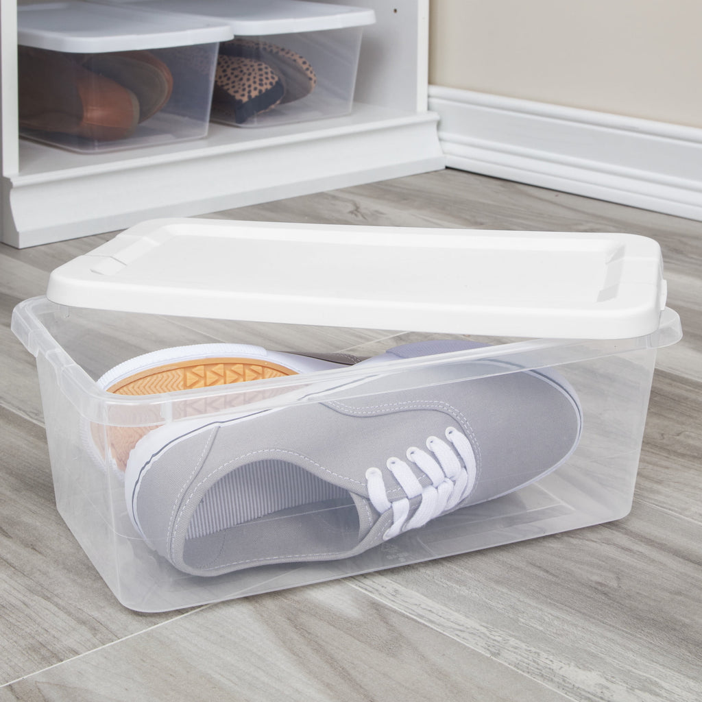 6 Quart Small Storage Bin, Clear Plastic Storage Container with Snap-On Lid, White
