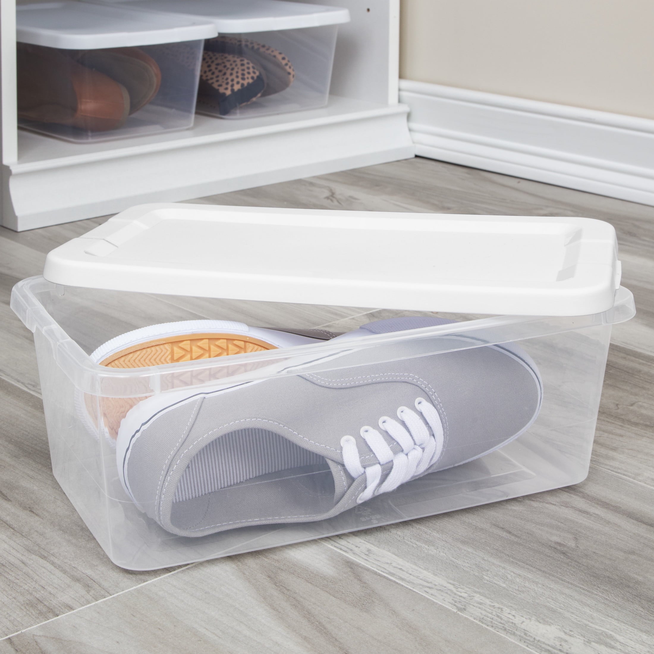 6 Quart Small Storage Bin, Clear Plastic Storage Container with Snap-On Lid, White