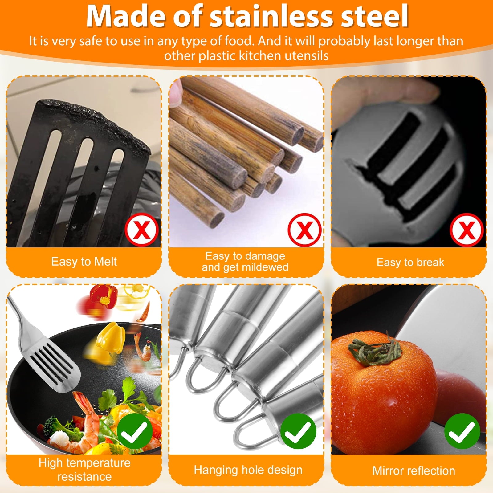 Qenwkxz 5pcs Kitchen Tools and gadgets Cooking Utensils Set Stainless Steel Spoons Spatula Set with Heavy-Duty Washable Utensils with Handle Hole Kitchen Gadgets Tools Set for Wome