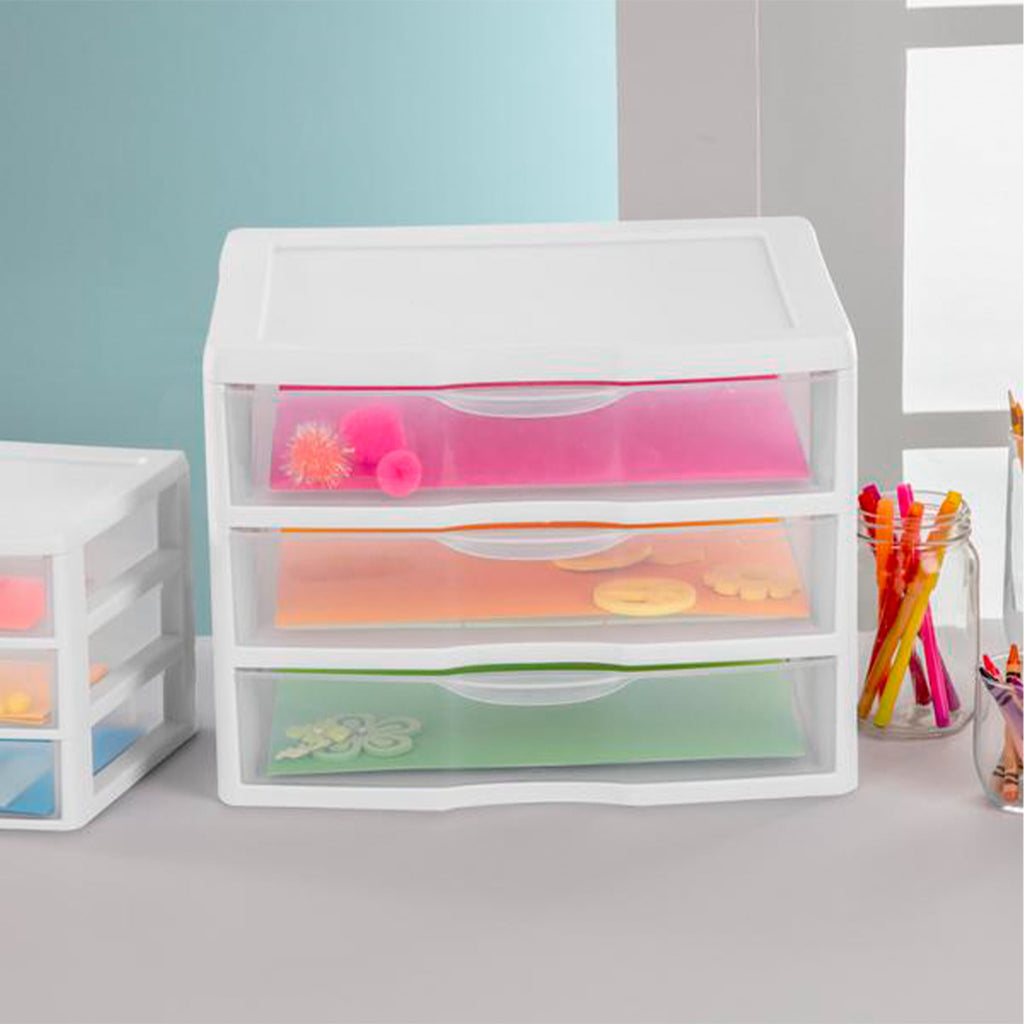Wide 3 Drawer Unit, Clear Plastic Countertop or Desktop Drawers, White
