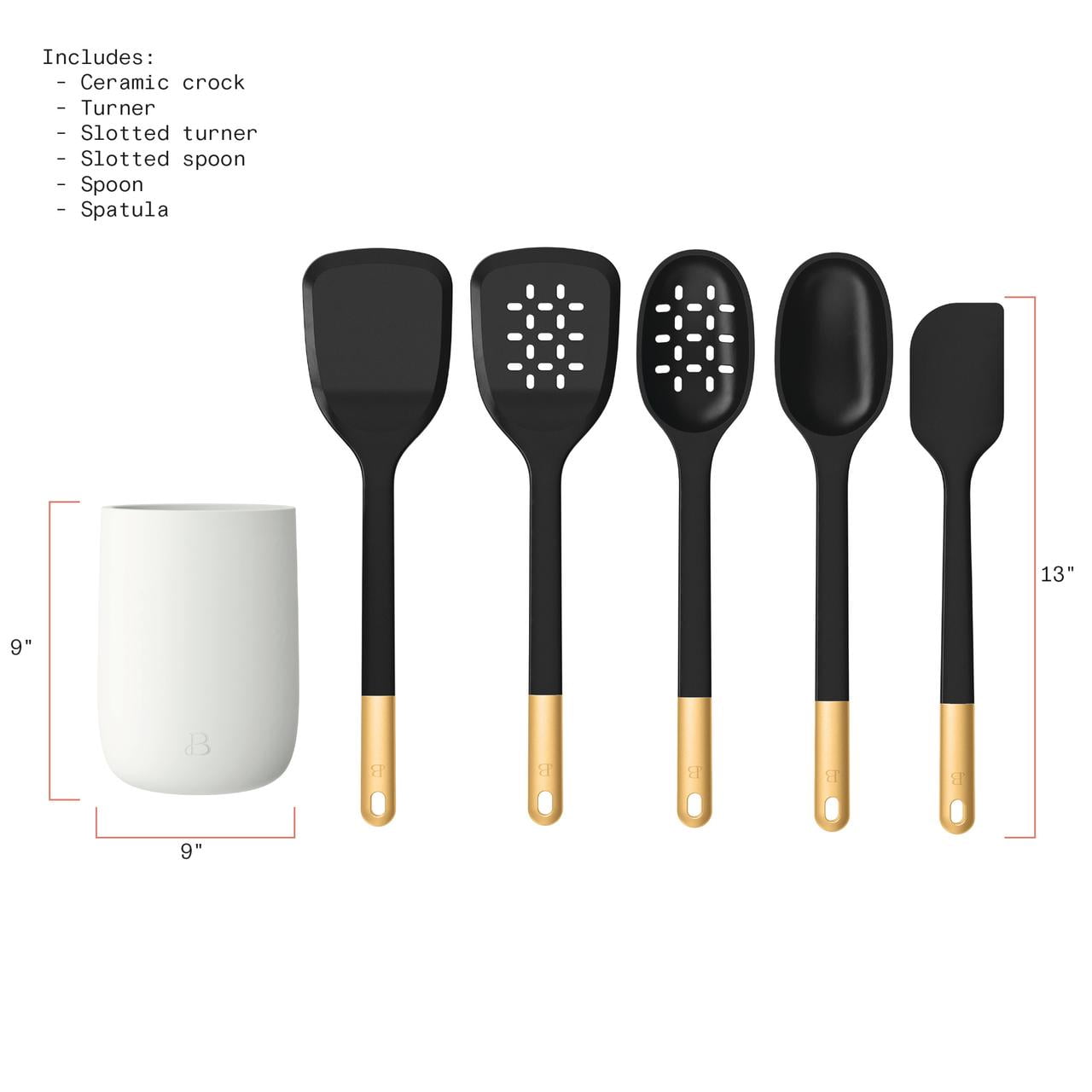 6-Piece Silicone Tool Set with Ceramic Crock, Porcini Taupe by Drew Barrymore