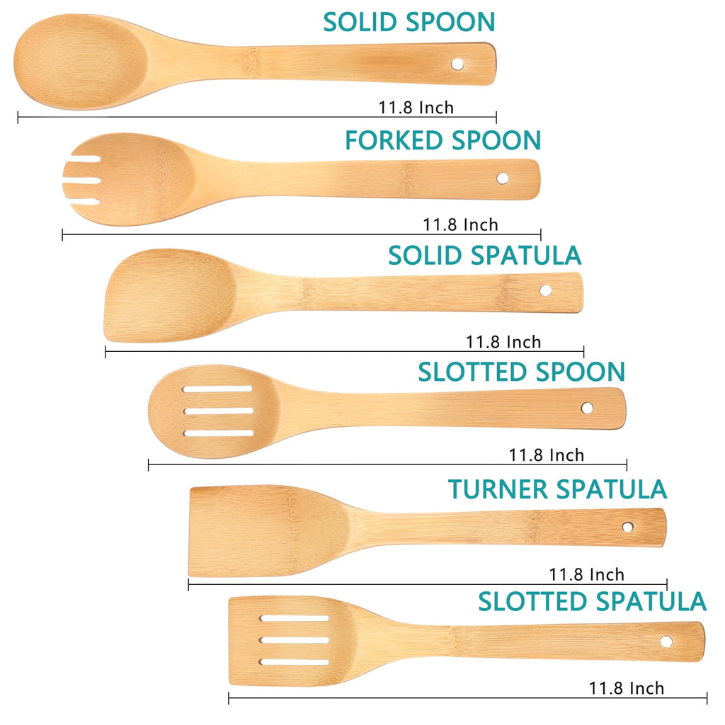 Wooden Spoons for Cooking, 6Pcs Banboo Spatula Spoon Tongs Utensils Set for Kitchen Cookware