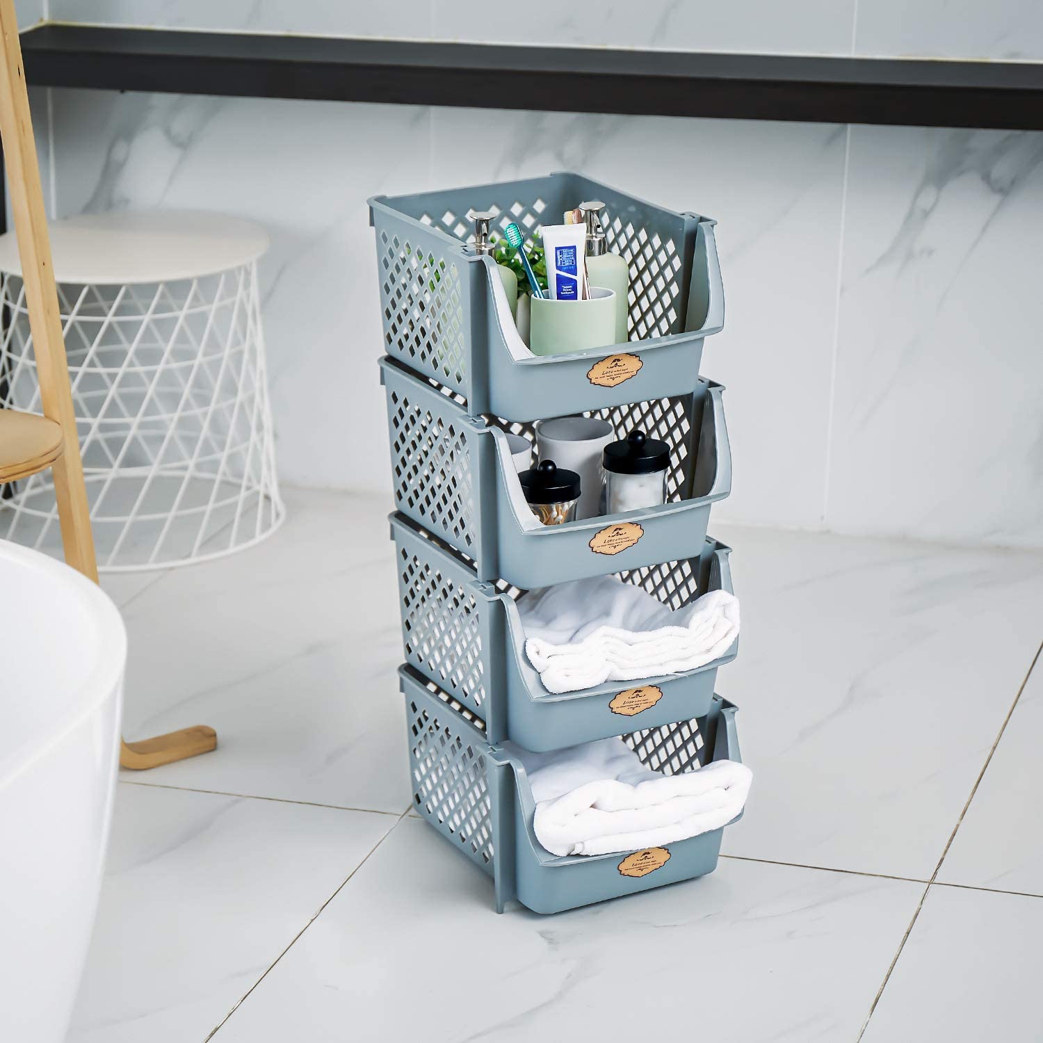 Storage Bins Set of 4, Plastic Storage Containers for Organization and Storage, Gray