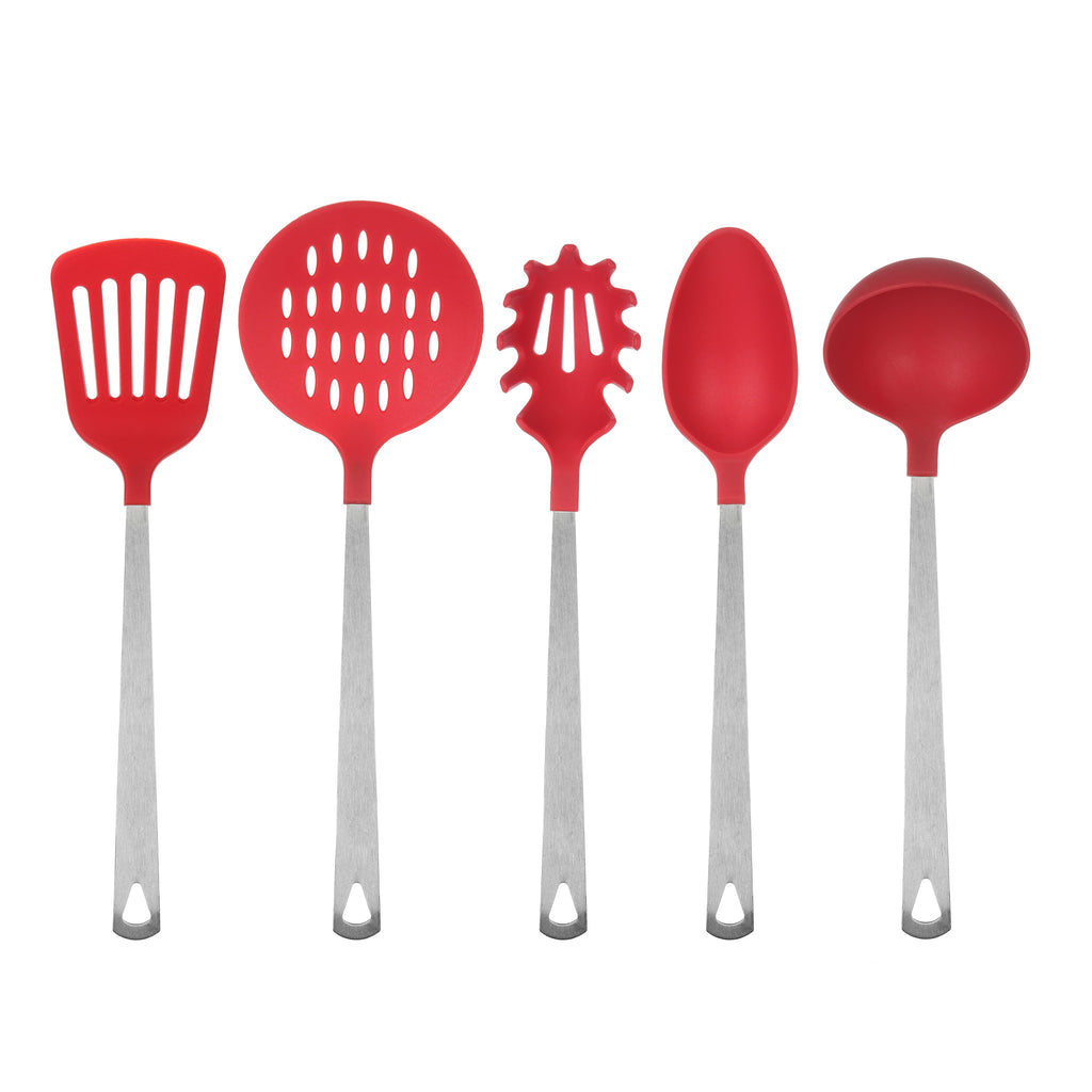 Stainless Steel and Nylon Kitchen and Cooking Utensil Set, Spoon, Spatula, Ladle, Pasta Spoon and Skimmer Assorted Colors