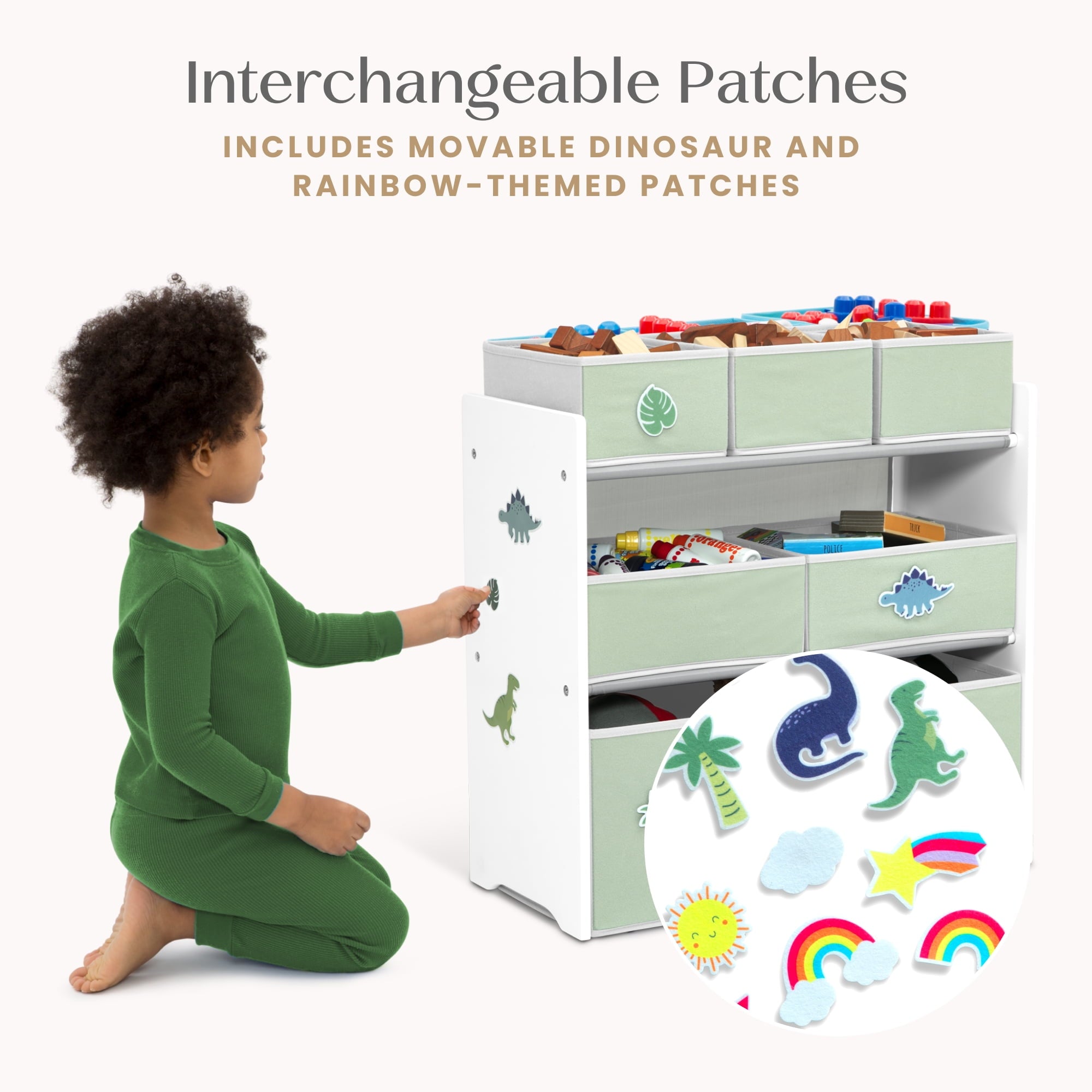 Design &amp; Store 6 Bin Toy Storage Organizer with Interchangeable Patches, Green/Pink