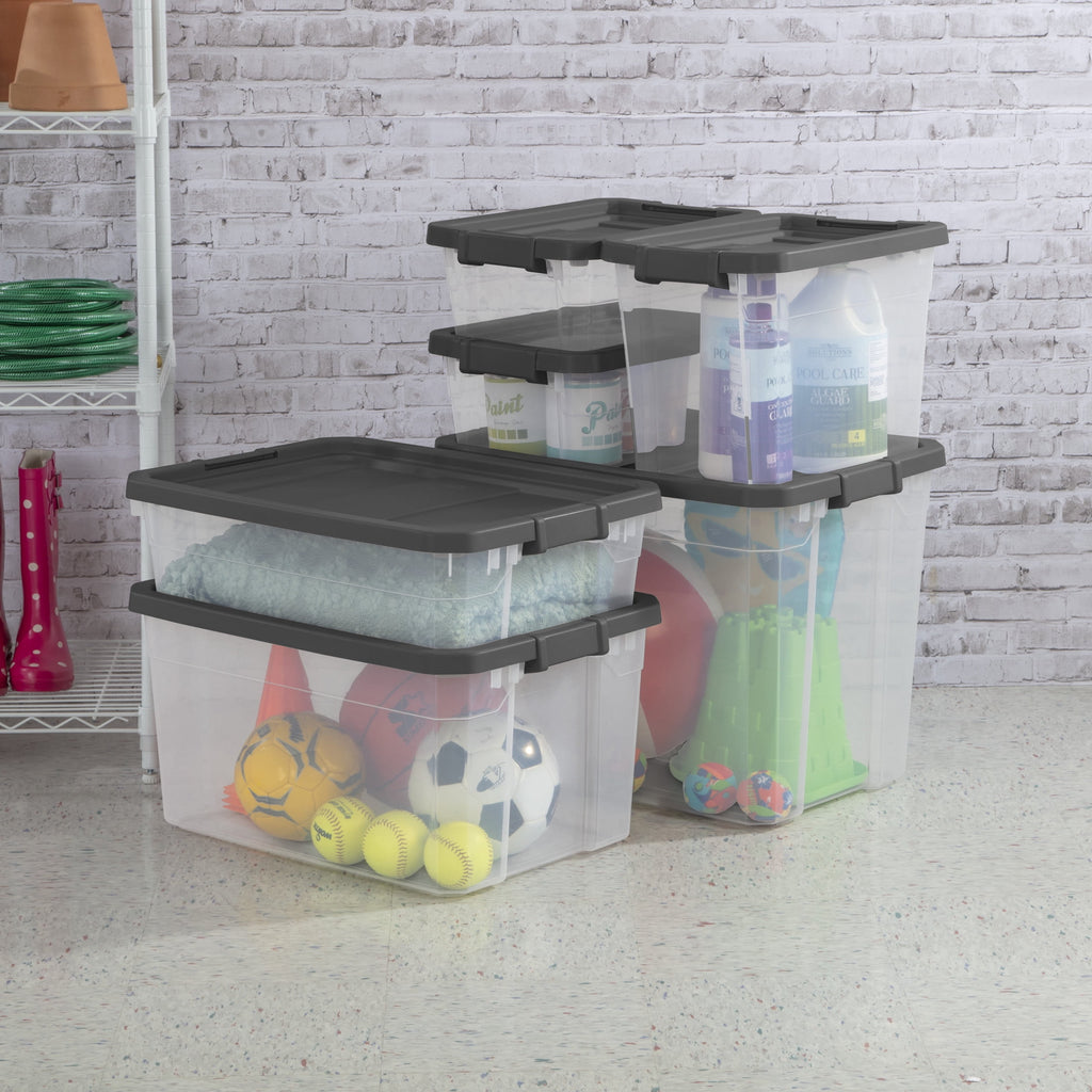 76 Quart Stacker Storage Bin, Clear Plastic Storage Container with Latch Lid, , Dark Gray