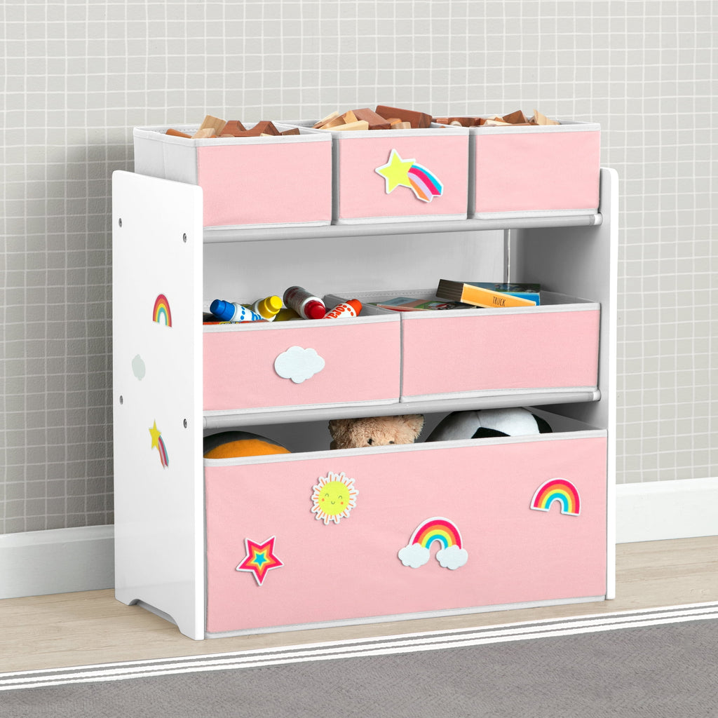 Design &amp; Store 6 Bin Toy Storage Organizer with Interchangeable Patches, Green/Pink