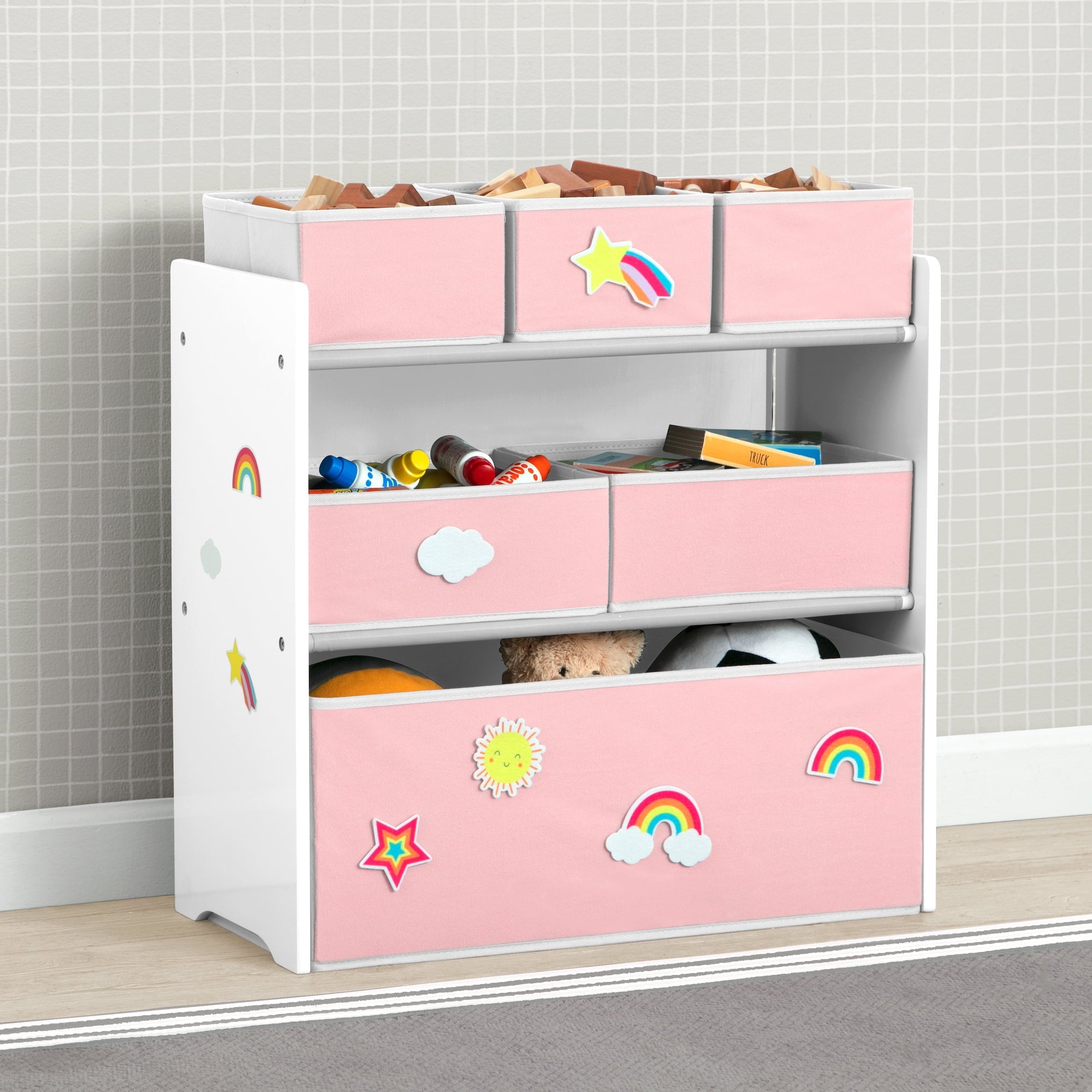 Design &amp; Store 6 Bin Toy Storage Organizer with Interchangeable Patches, Green/Pink