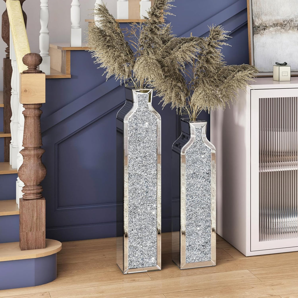 Floor vase crushing diamond reflective vase - Silver floor-style vase set (2-piece) - 24-inch and 30-inch large crystal goblet vases, suitable for living rooms, dining rooms, bedrooms, home corners, corridors, indoor offices and floors.