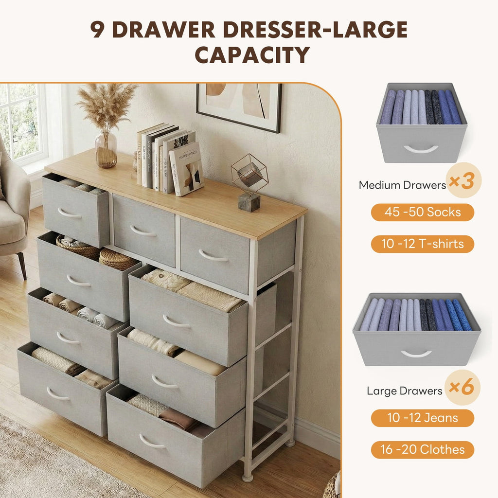 9 Drawers Fabric Dresser for Bedroom, Drawer Organizer Storage Cabinet for Closet, Clothes, TV Stand, Light Gary