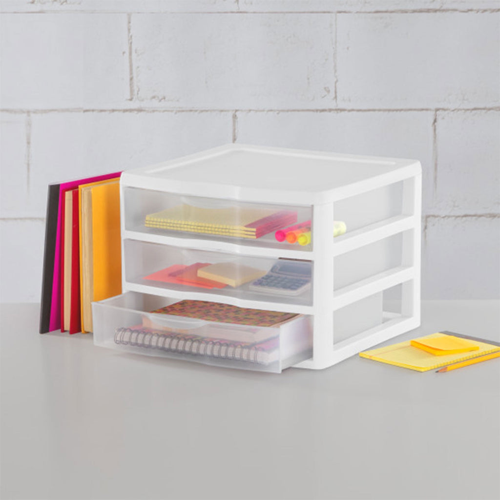 Wide 3 Drawer Unit, Clear Plastic Countertop or Desktop Drawers, White