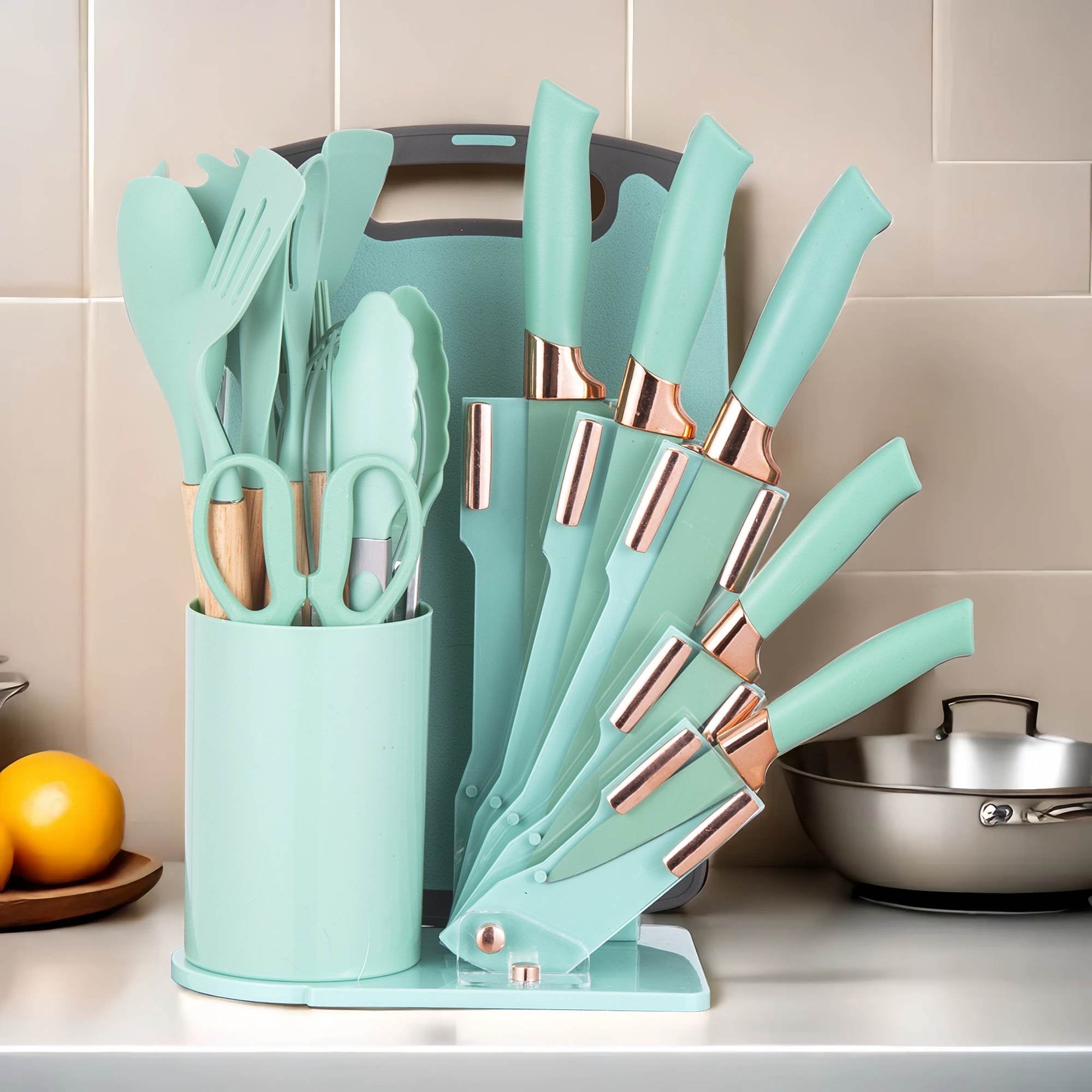 19-Piece Silicone Kitchen Utensil &amp; Knife Set - Heat-Resistant Cooking Tools Non-Stick Safe Gift for Mom or Women Black