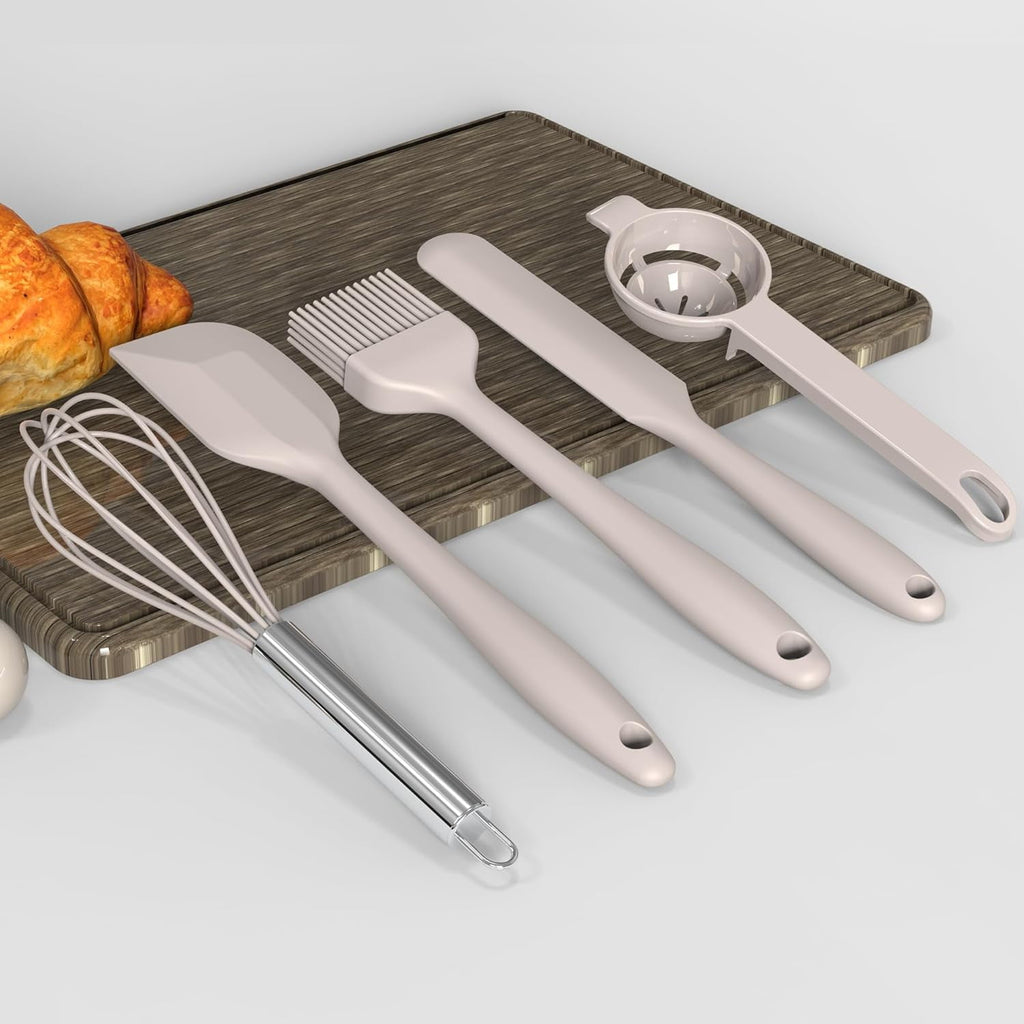 Large Silicone Cooking Utensils Set - Kitchen Utensils,Turner Tongs,Spatula,Spoon,Brush,Whisk,Stainless Steel Silicone Cooking Tool for Nonstick Cookware, (Khaki)