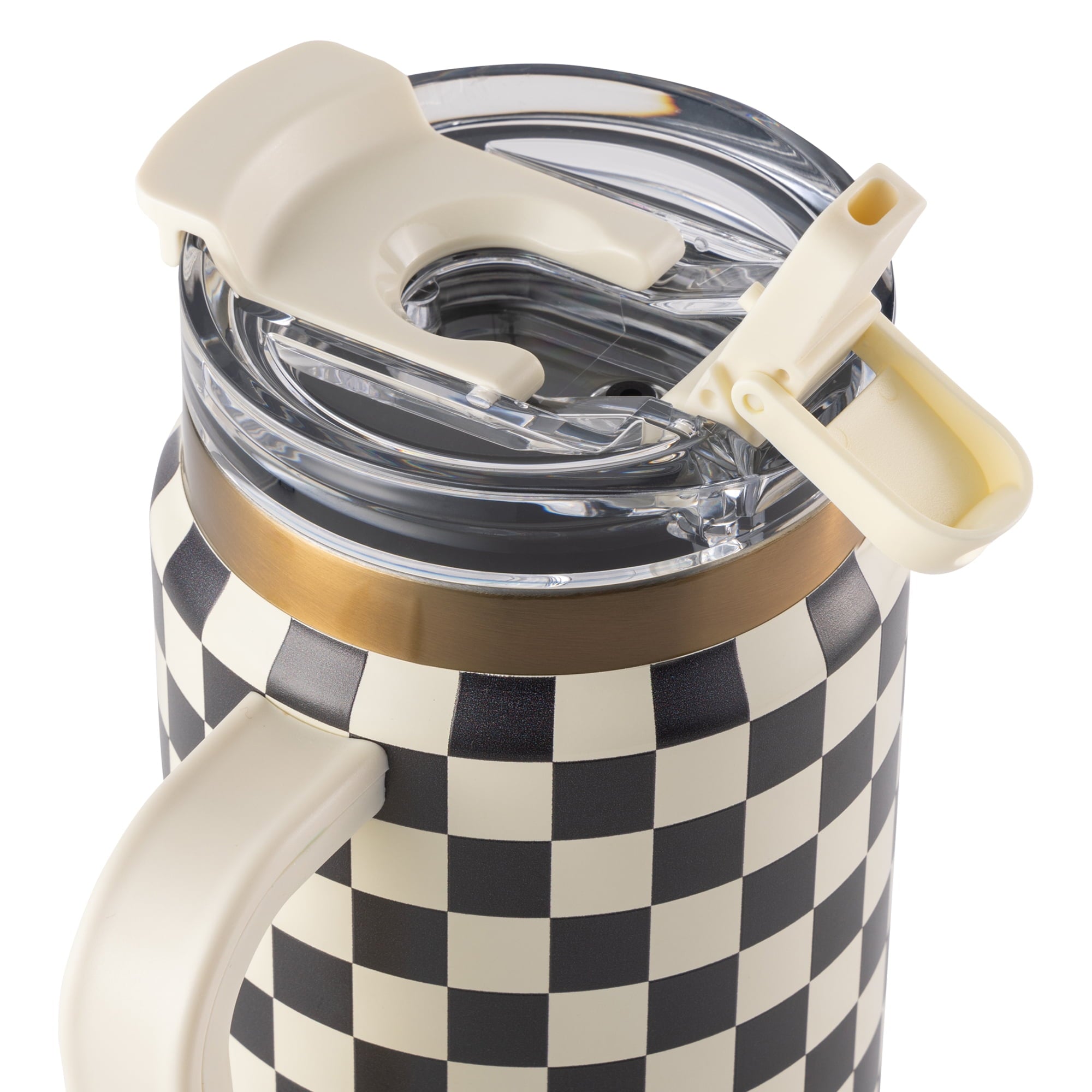 Thyme &amp; Table 32 fl oz Stainless Steel Luna Tumbler with Handle and Dual Straw Lid, Cream &amp; Black Check
