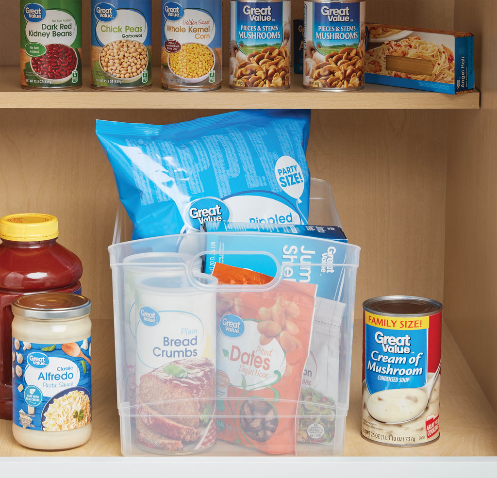 Clear Plastic Utility Storage Bin Organizer with Built-In Handles, Large Storage Container for Pantry, Closet, Cabinet and Shelf Organization, 15.3" x 10.4" x 9.8"