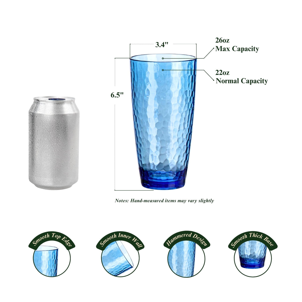 20oz Colorful Acrylic Glasses Drinkware (Set of 6), Hammered Shatter-Proof Plastic Tumblers