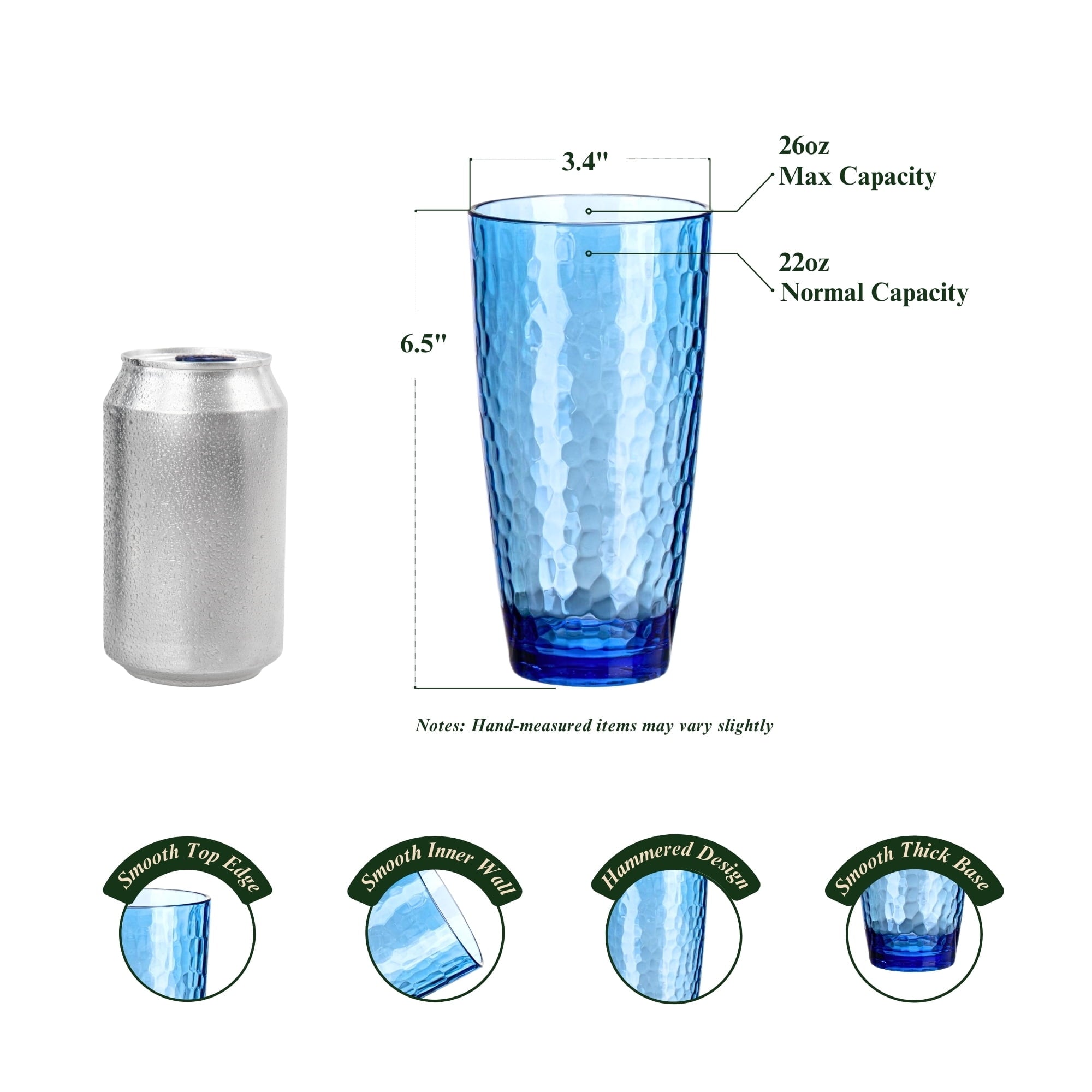 20oz Colorful Acrylic Glasses Drinkware (Set of 6), Hammered Shatter-Proof Plastic Tumblers