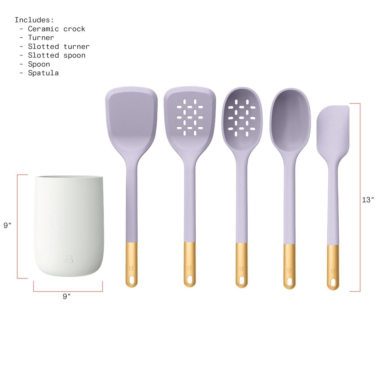 6-Piece Silicone Tool Set with Ceramic Crock, Porcini Taupe by Drew Barrymore