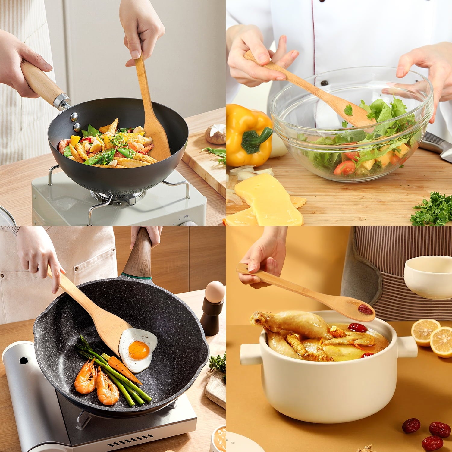 Wooden Spoons for Cooking, 6Pcs Banboo Spatula Spoon Tongs Utensils Set for Kitchen Cookware