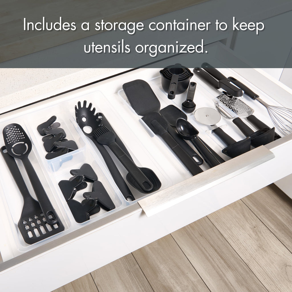 36 Piece Kitchen Gadget Set with Kitchen Cooking Utensils, and Drawer Organizer, Black