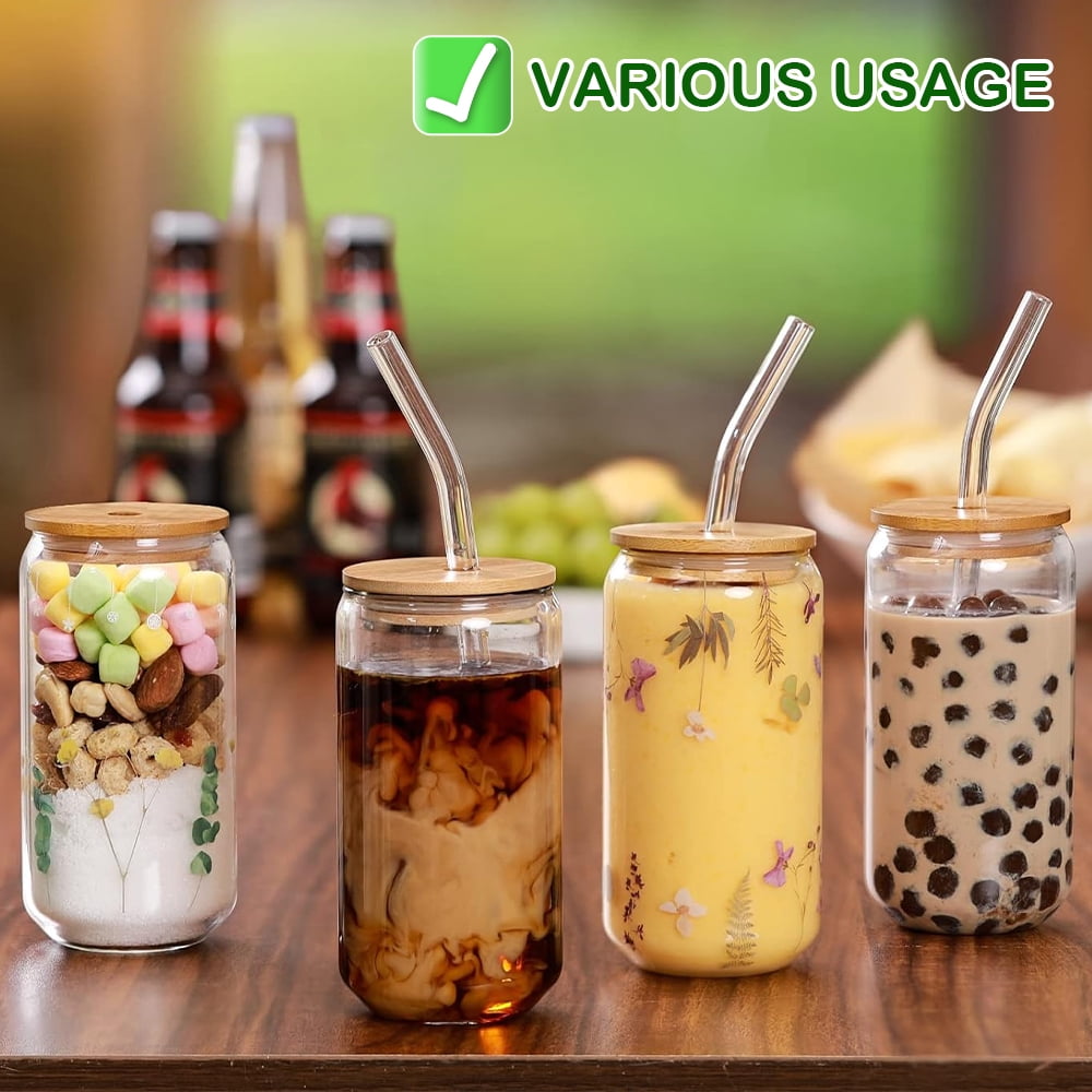 16 oz Glass Cups with Bamboo Lids and Glass Straws, Drinking Glasses Set of 4, Beer Can Shaped Glasses with 2 Cleaning Brushes