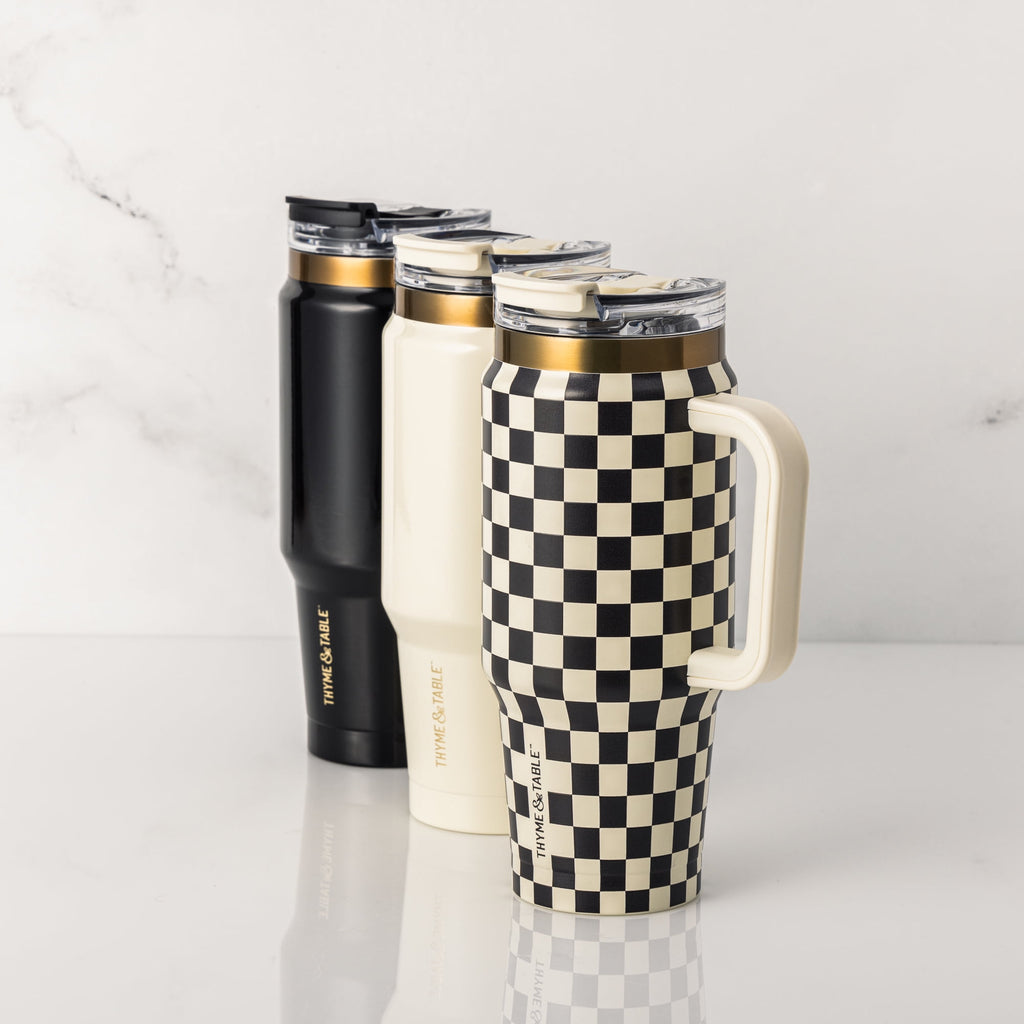 Thyme &amp; Table 32 fl oz Stainless Steel Luna Tumbler with Handle and Dual Straw Lid, Cream &amp; Black Check