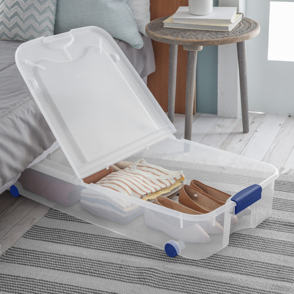 66 Quart Latching Underbed Wheeled Storage Bin, Clear Plastic Storage Container with Latch Lid, Blue