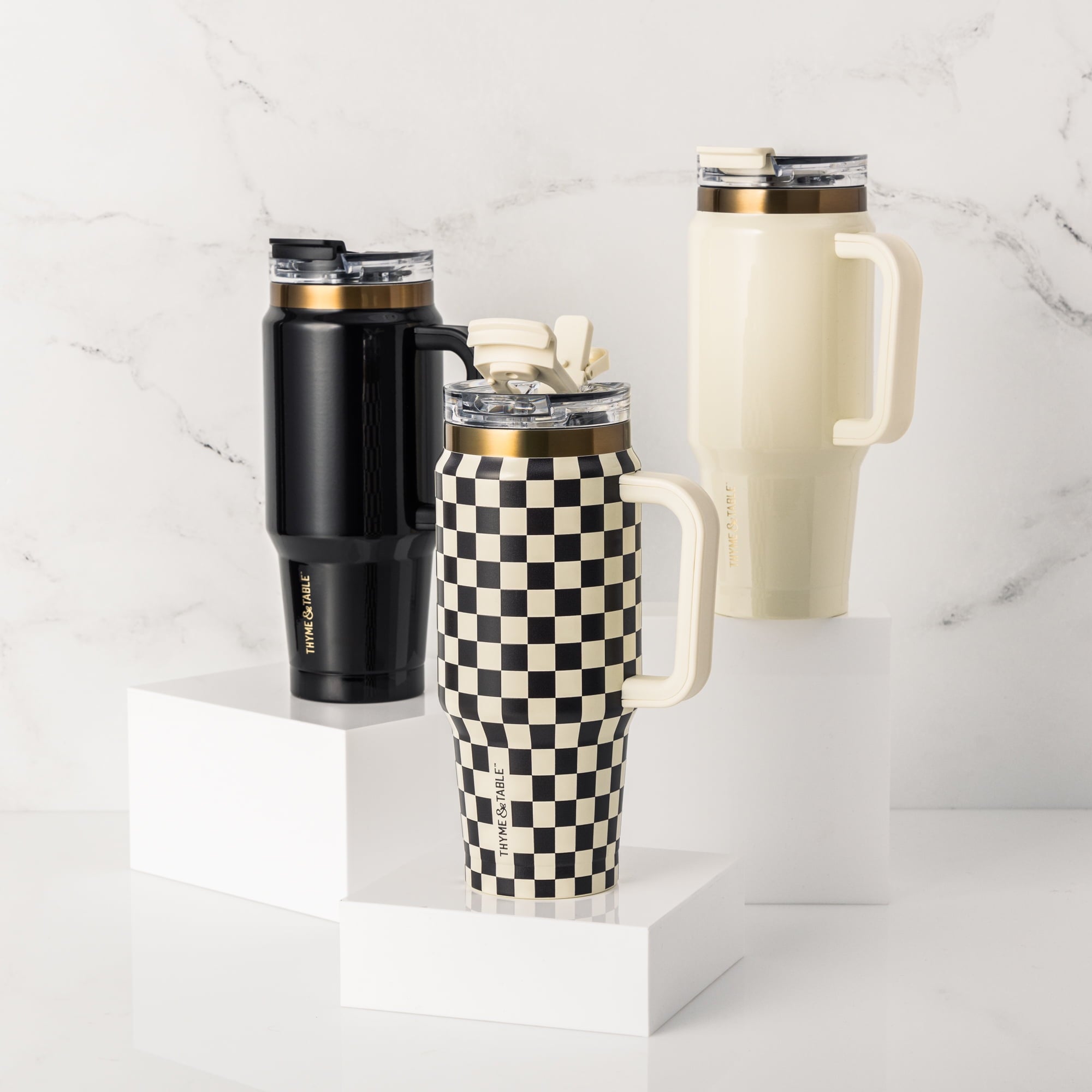 Thyme &amp; Table 32 fl oz Stainless Steel Luna Tumbler with Handle and Dual Straw Lid, Cream &amp; Black Check