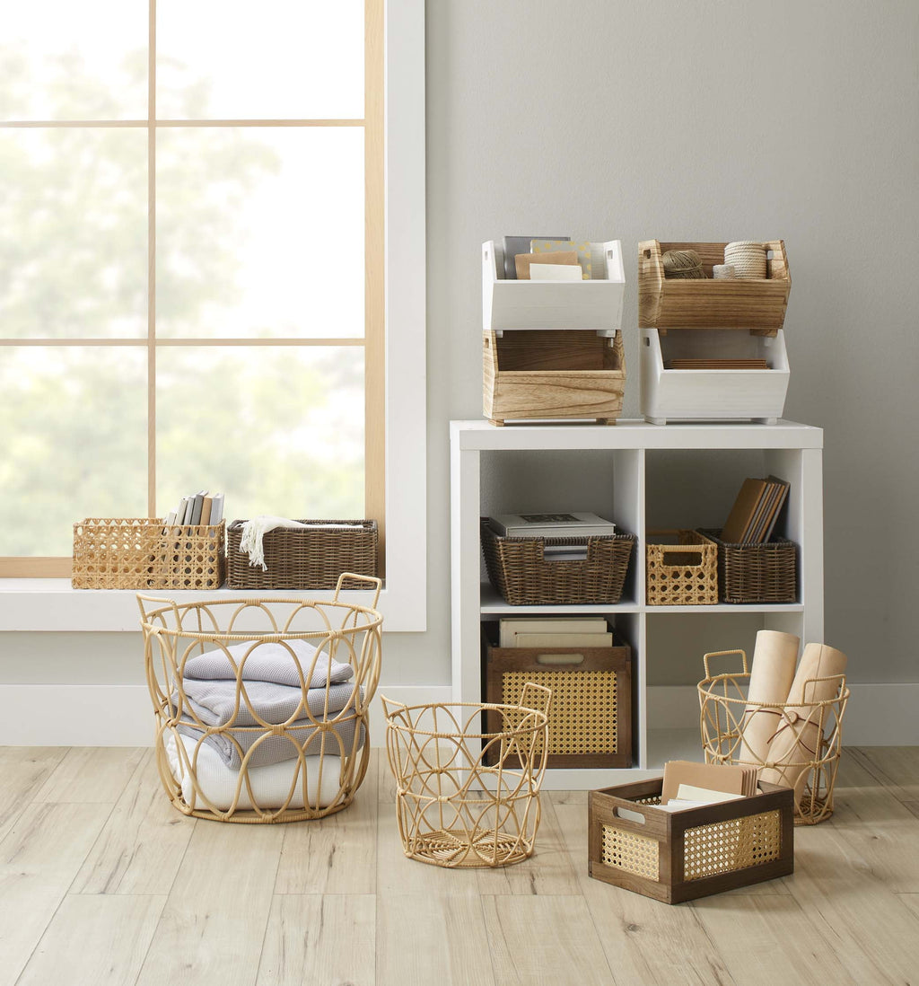 Better Homes &amp; Gardens 2-Piece Set Natural Wood Stacking Open Front Decorative Storage Bins, 11 in x 16.5 in x 10 in