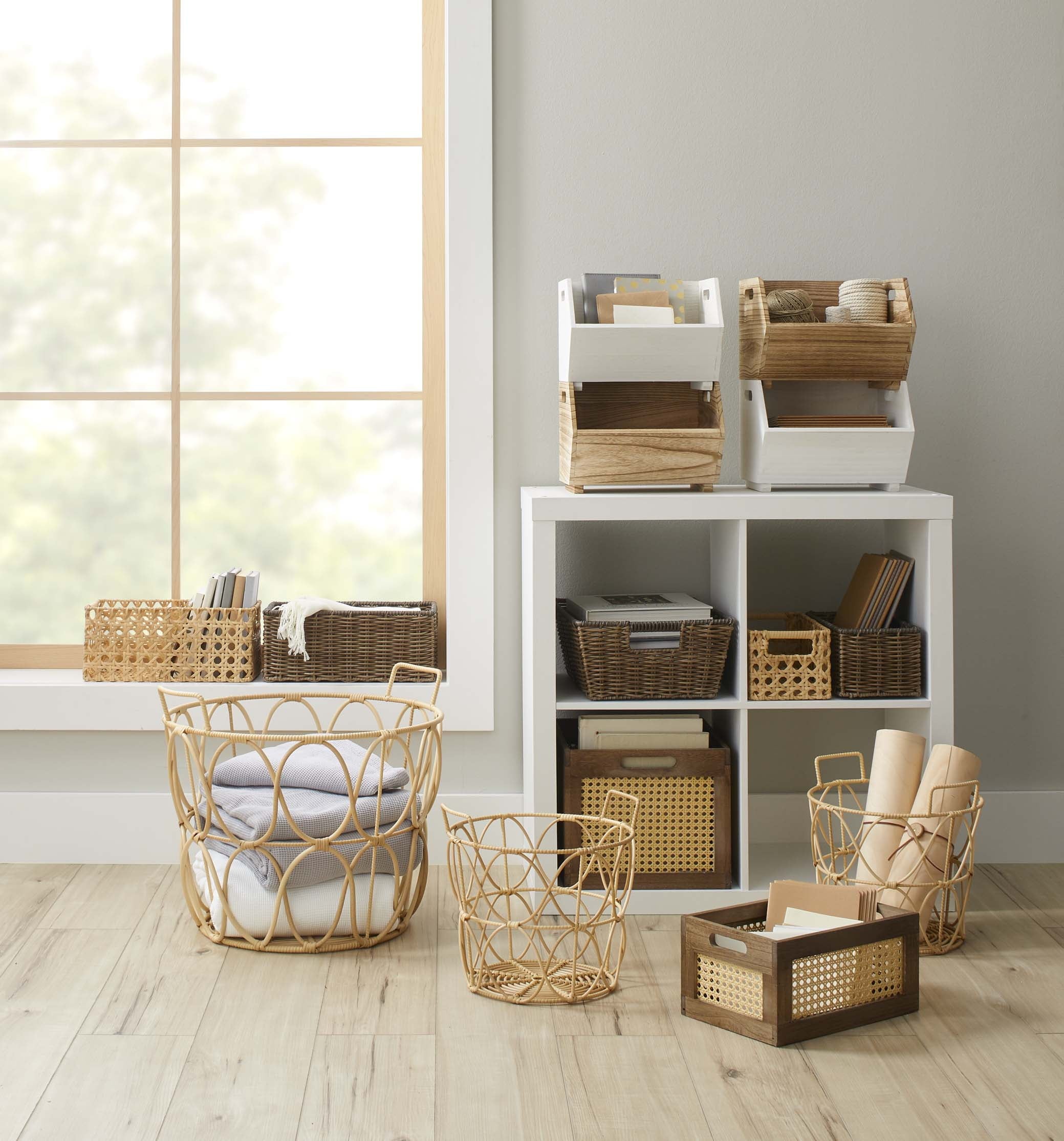 Better Homes &amp; Gardens 2-Piece Set Natural Wood Stacking Open Front Decorative Storage Bins, 11 in x 16.5 in x 10 in