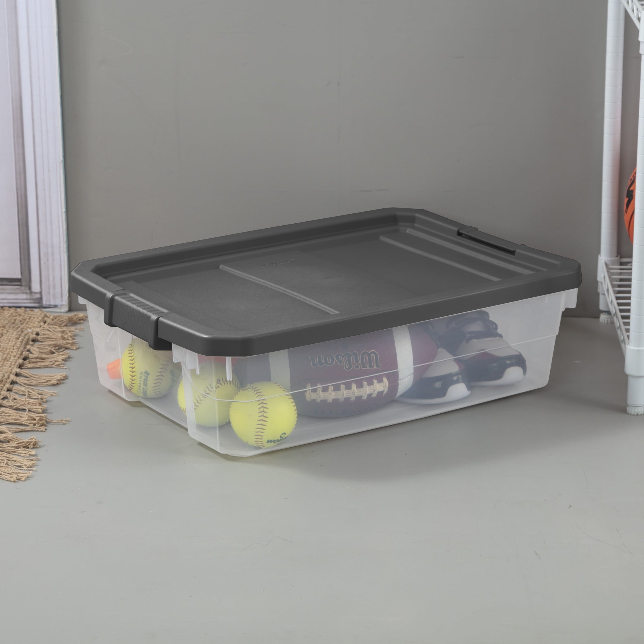 40 Quart Medium Storage Bin, Clear Plastic Underbed Storage Container with Latch Lid, Dark Gray