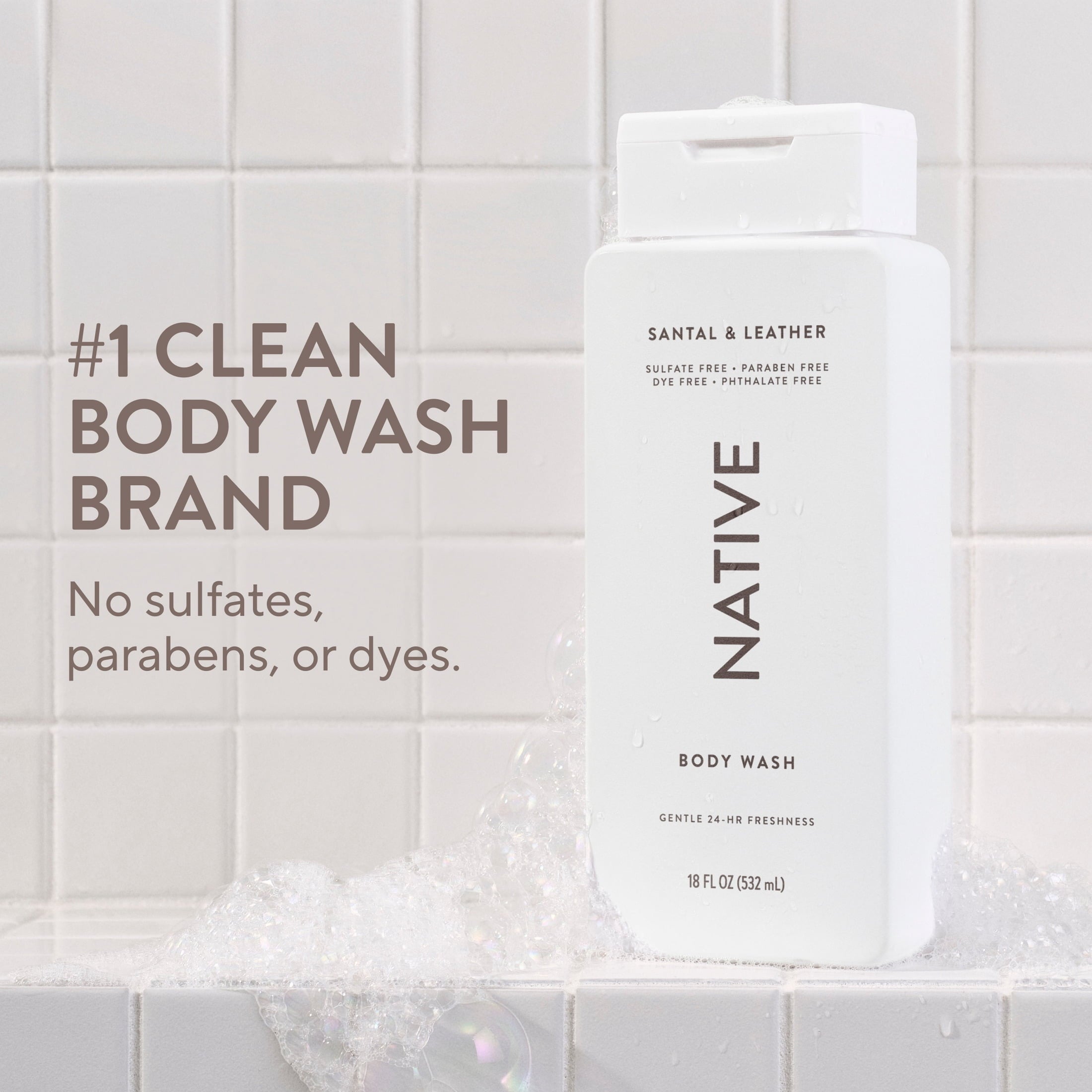 Body Wash, Santal &amp; Leather, Sulfate Free, Naturally Derived Ingredients, 24hr Freshness, for Women &amp; Men, 18 fl oz