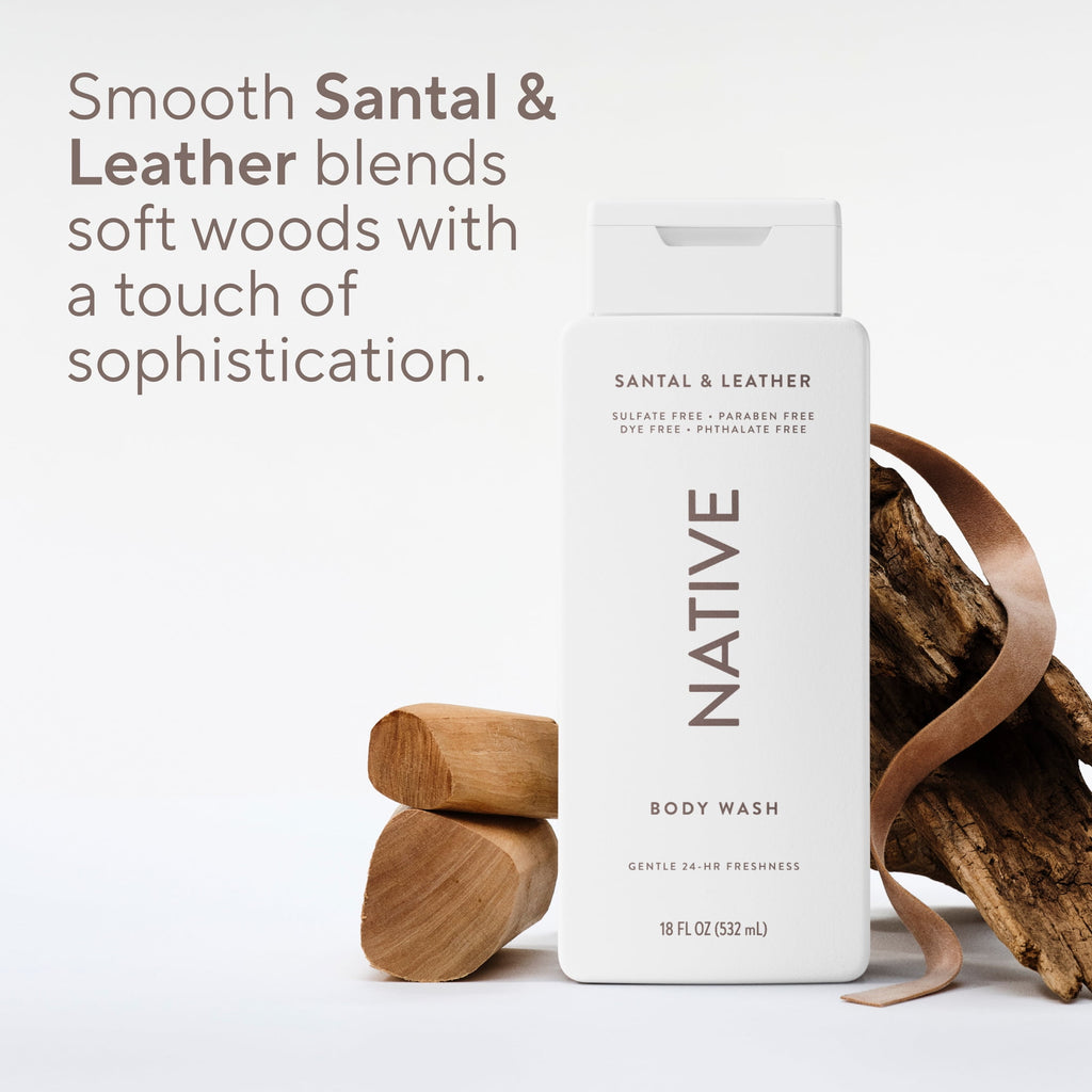 Body Wash, Santal &amp; Leather, Sulfate Free, Naturally Derived Ingredients, 24hr Freshness, for Women &amp; Men, 18 fl oz