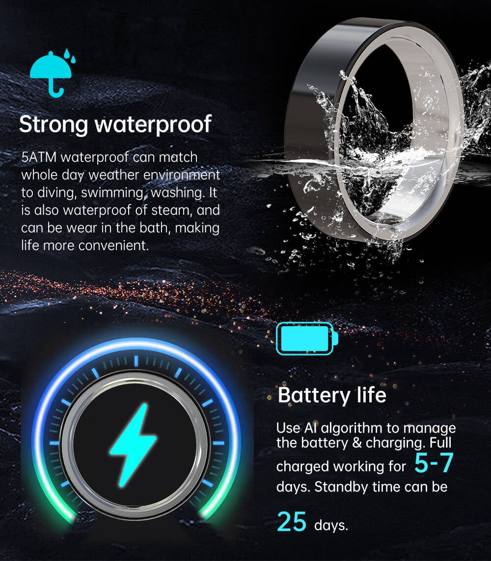 Smart Health Ring, Bluetooth Fitness Tracker, 5ATM Waterproof, Sleep &amp; Activity Monitoring, for Men &amp; Women