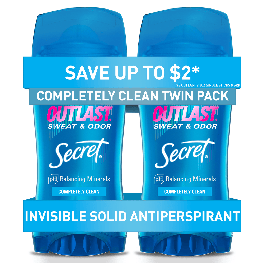 Outlast Invisible Solid Antiperspirant Deodorant, Completely Clean, 2.6 oz Twin Pack