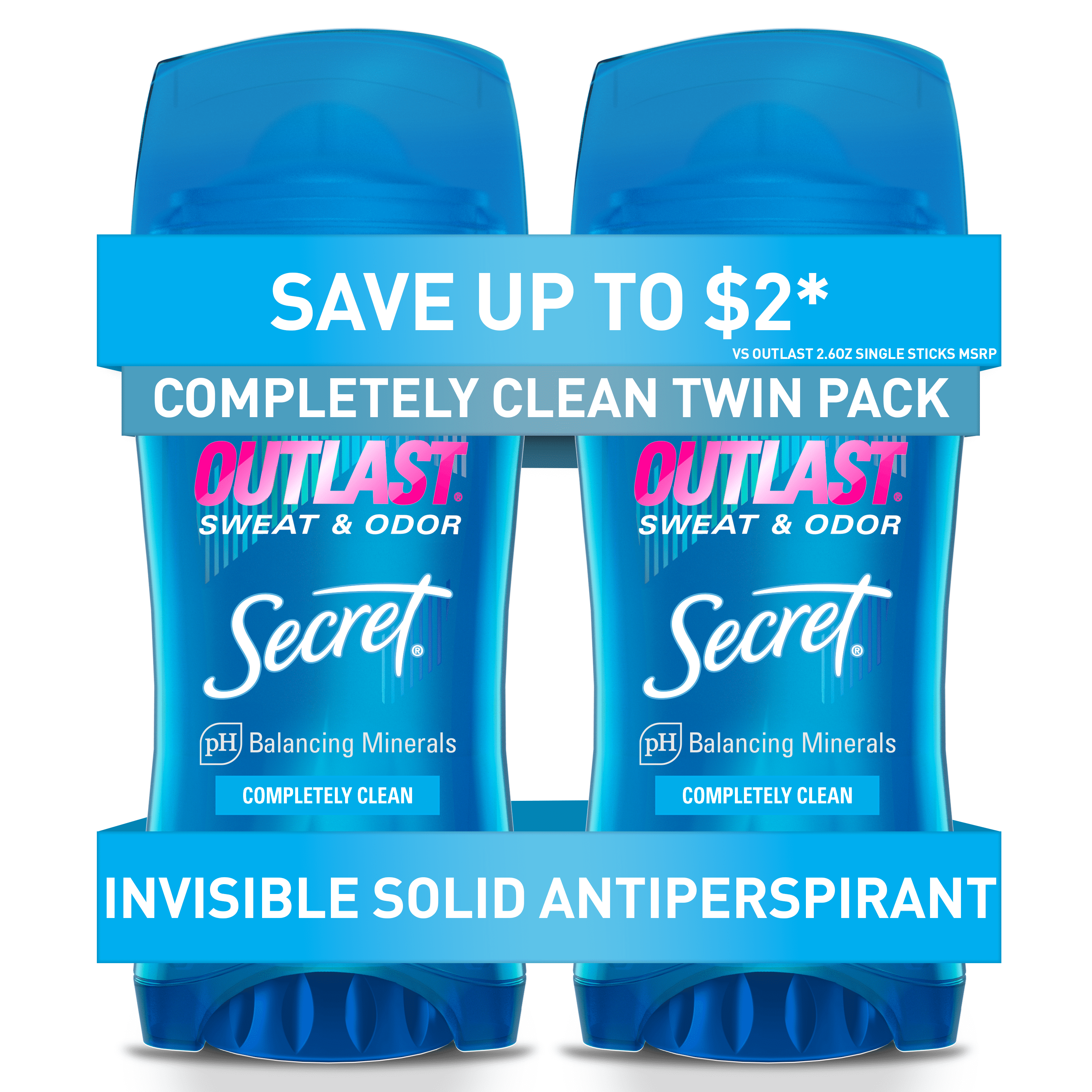 Outlast Invisible Solid Antiperspirant Deodorant, Completely Clean, 2.6 oz Twin Pack