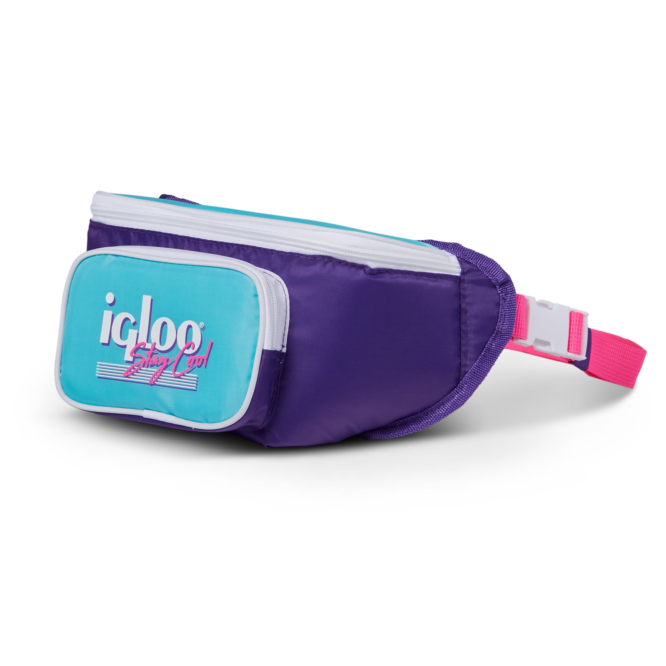 3 can Retro Fanny Pack Cooler Bag, Purple and Aqua Blue