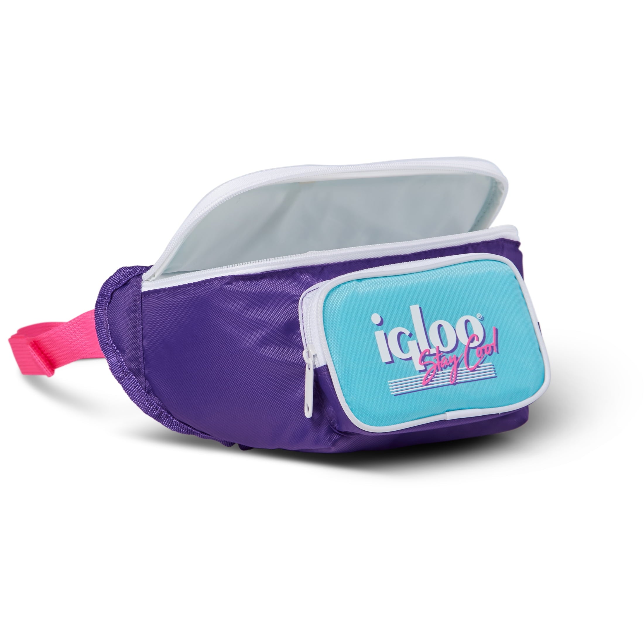 3 can Retro Fanny Pack Cooler Bag, Purple and Aqua Blue