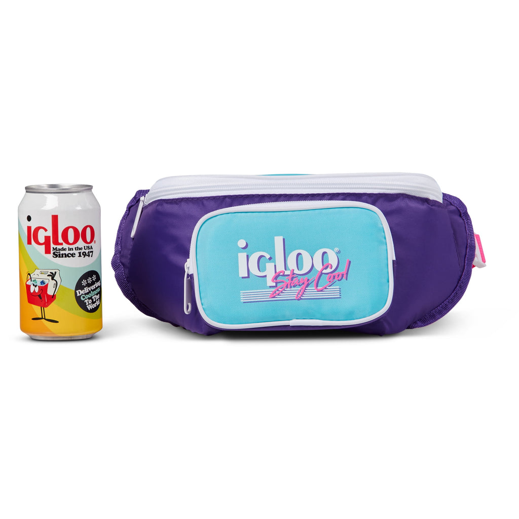 3 can Retro Fanny Pack Cooler Bag, Purple and Aqua Blue