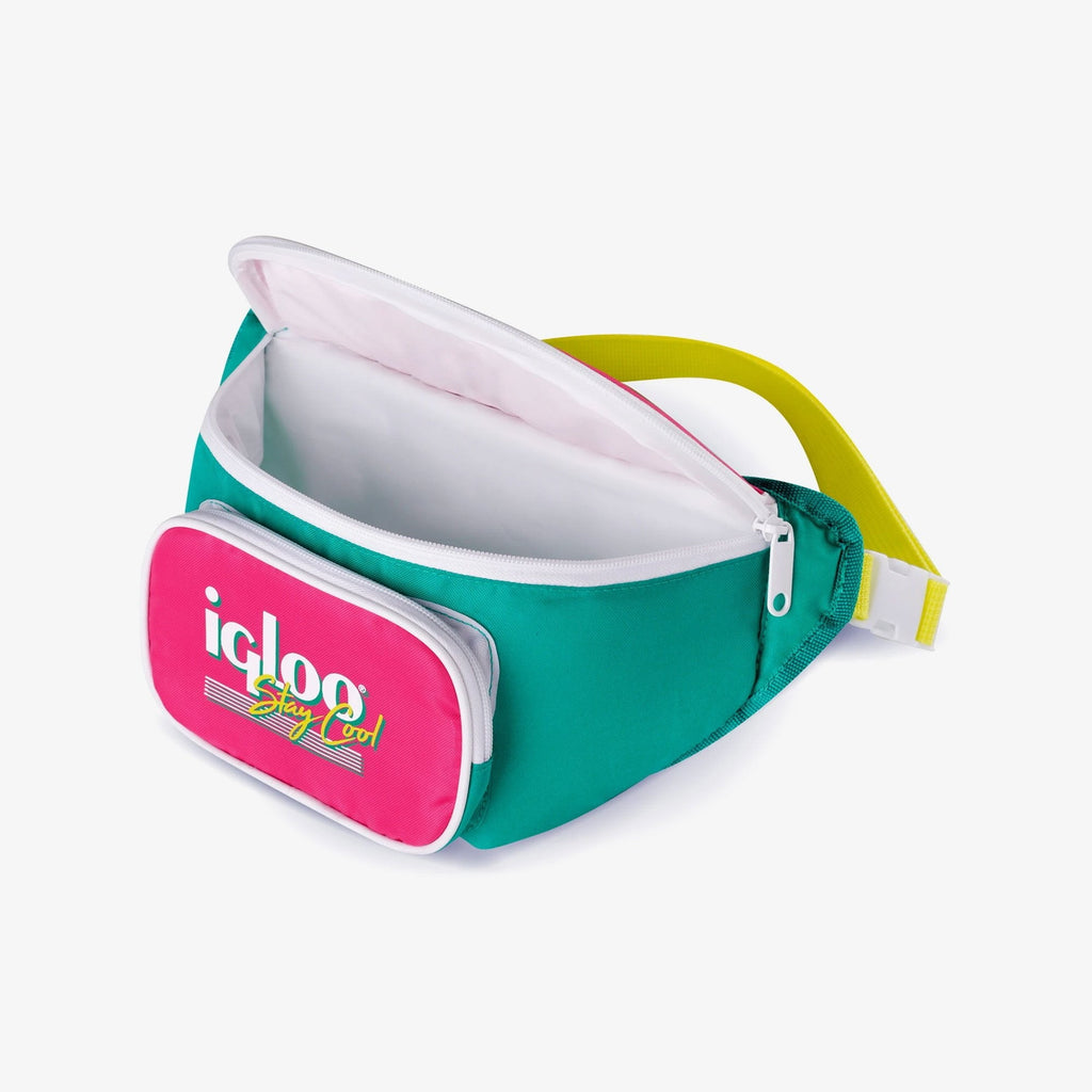 3 can Retro Fanny Pack Cooler Bag, Purple and Aqua Blue