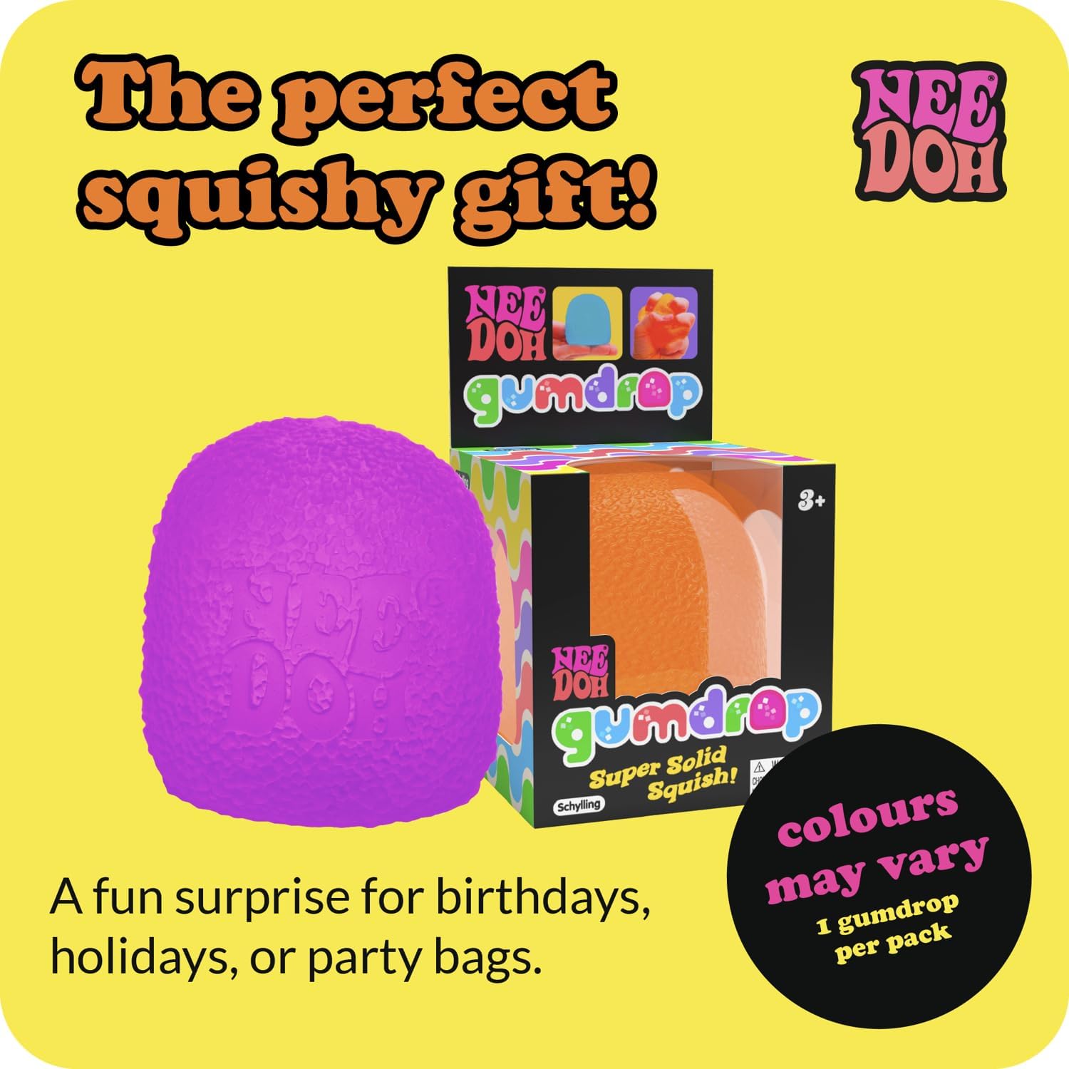 Schylling NeeDoh Gumdrop - Textured Sensory Toy with Super Solid Squish - 2.5″ Tall - Colors May Vary (Pack of 1)