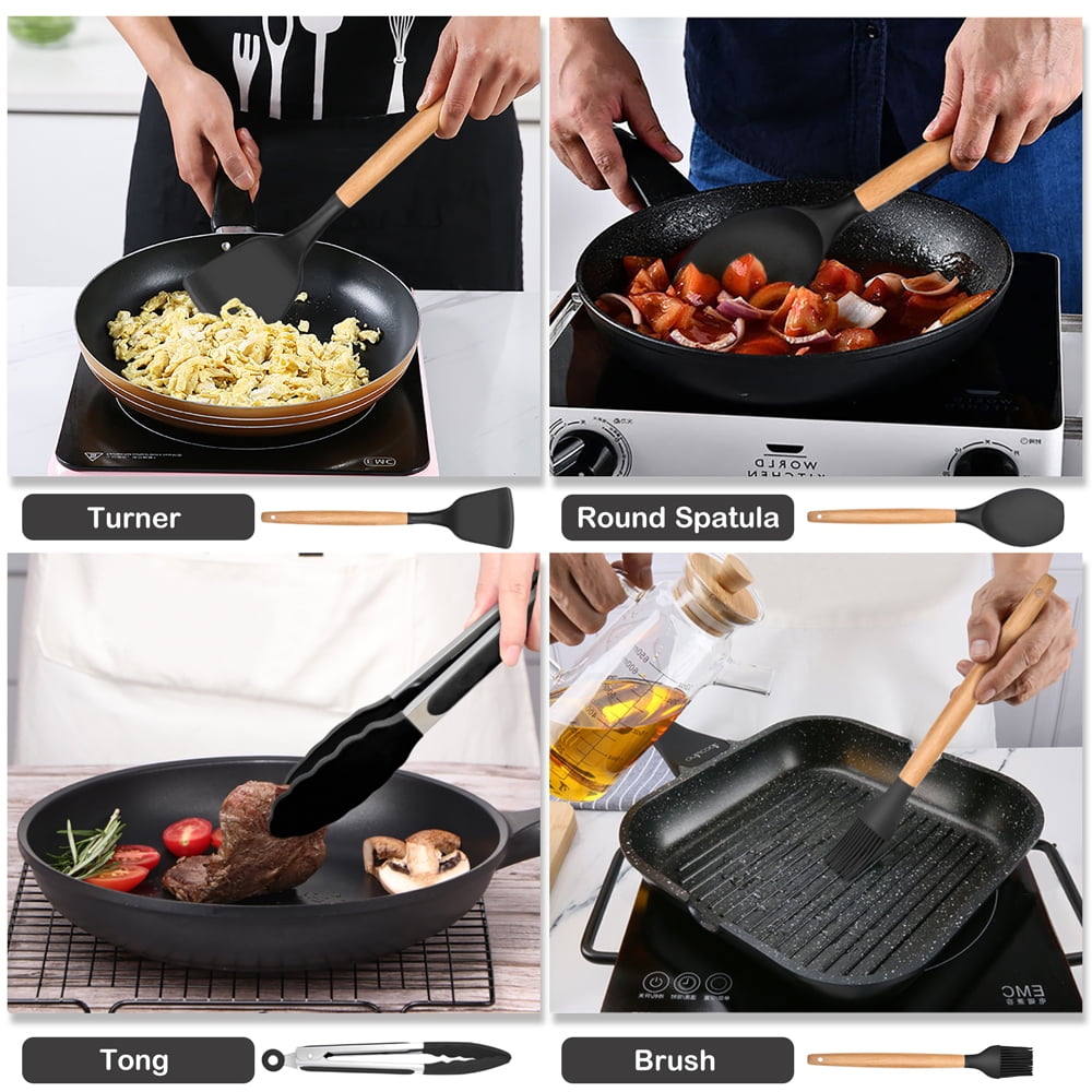 12-Piece Silicone Kitchen Cooking Utensils Set with Holder, Wooden Handle Utensils for Cooking, Kitchen Tools Include Spatula Turner Spoons Soup Ladle Tong Whisk, Black