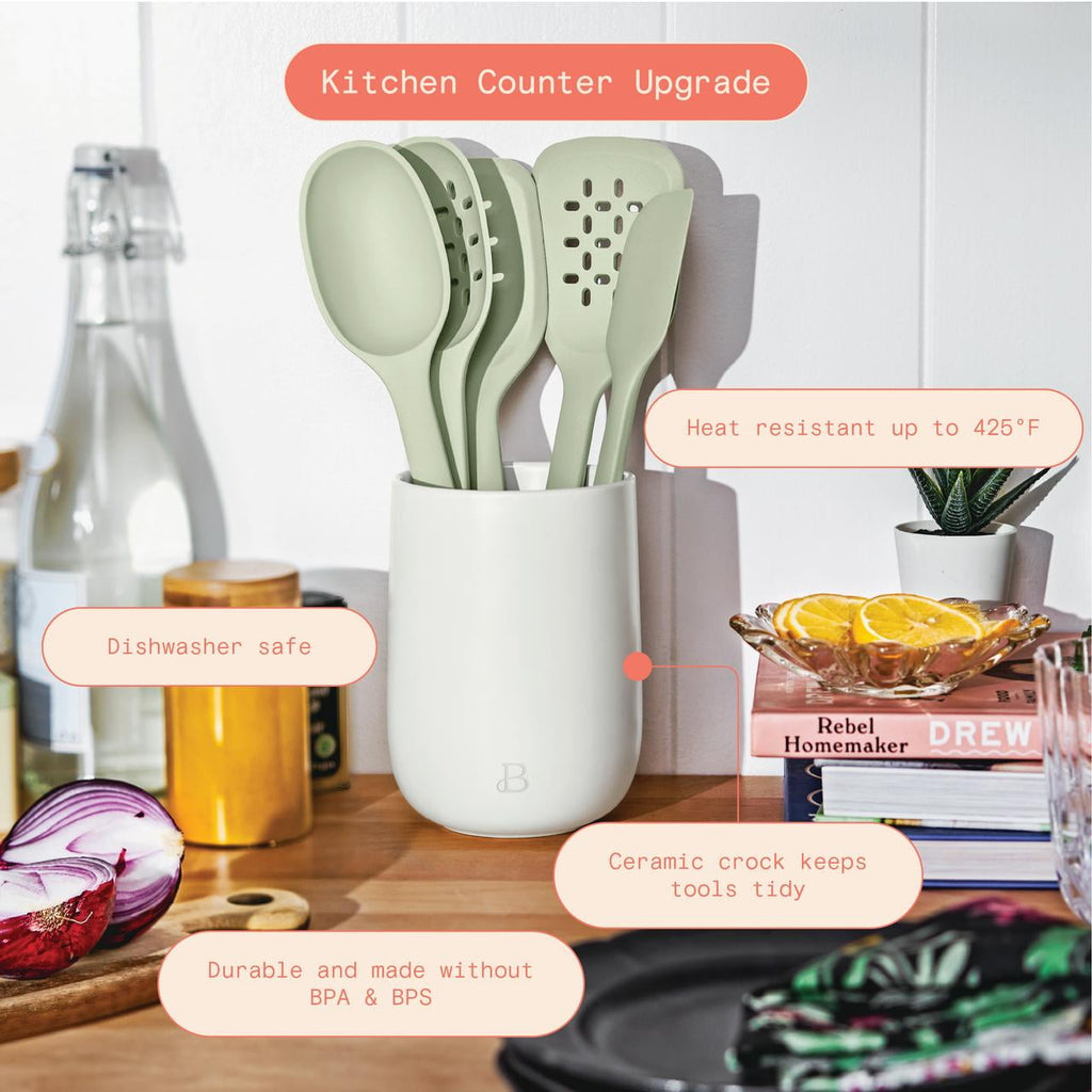 6-Piece Silicone Tool Set with Ceramic Crock, Porcini Taupe by Drew Barrymore