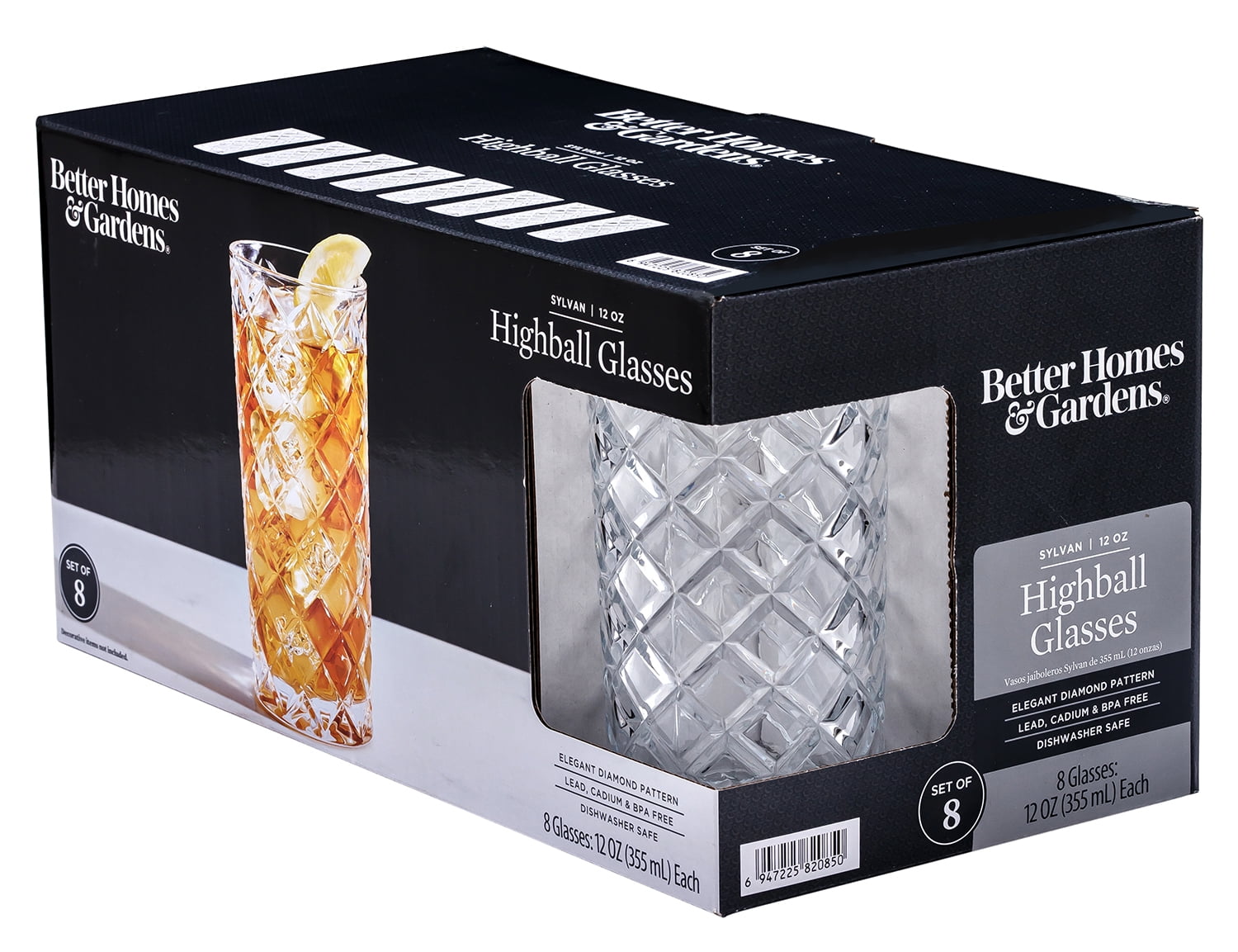 Better Homes &amp; Gardens Diamond Cut Tumbler Clear Drinking Glass, 8 Pack