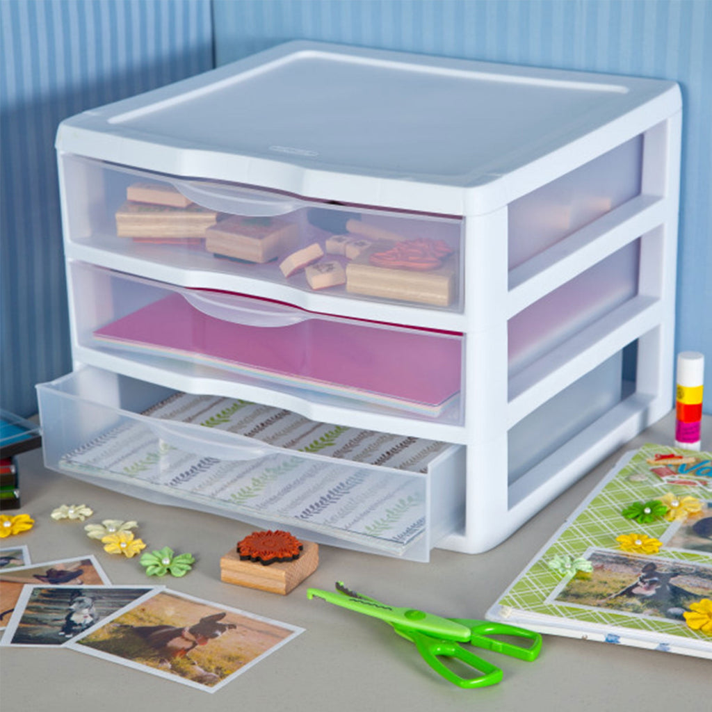 Wide 3 Drawer Unit, Clear Plastic Countertop or Desktop Drawers, White