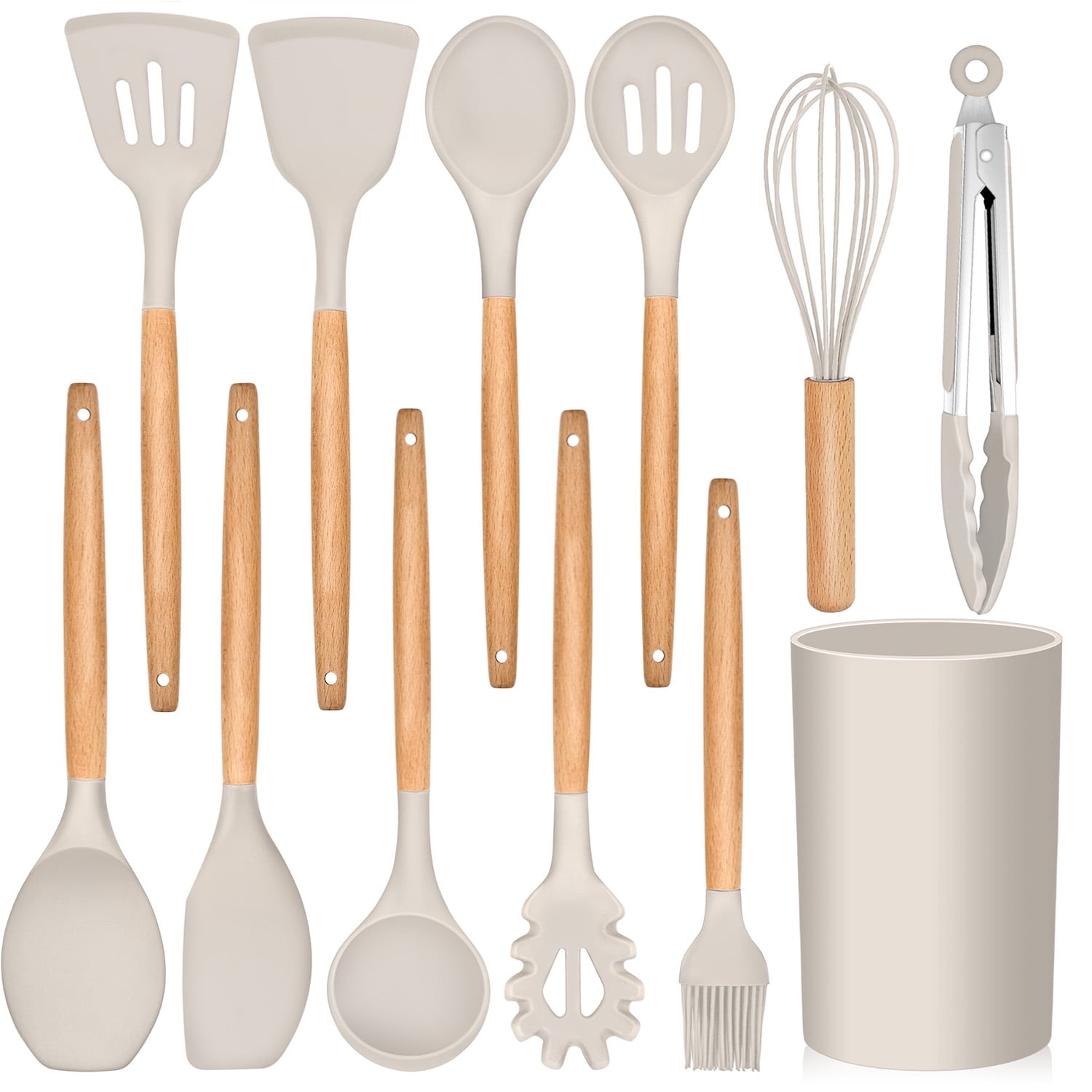 12-Piece Silicone Kitchen Cooking Utensils Set with Holder, Wooden Handle Utensils for Cooking, Kitchen Tools Include Spatula Turner Spoons Soup Ladle Tong Whisk, Black